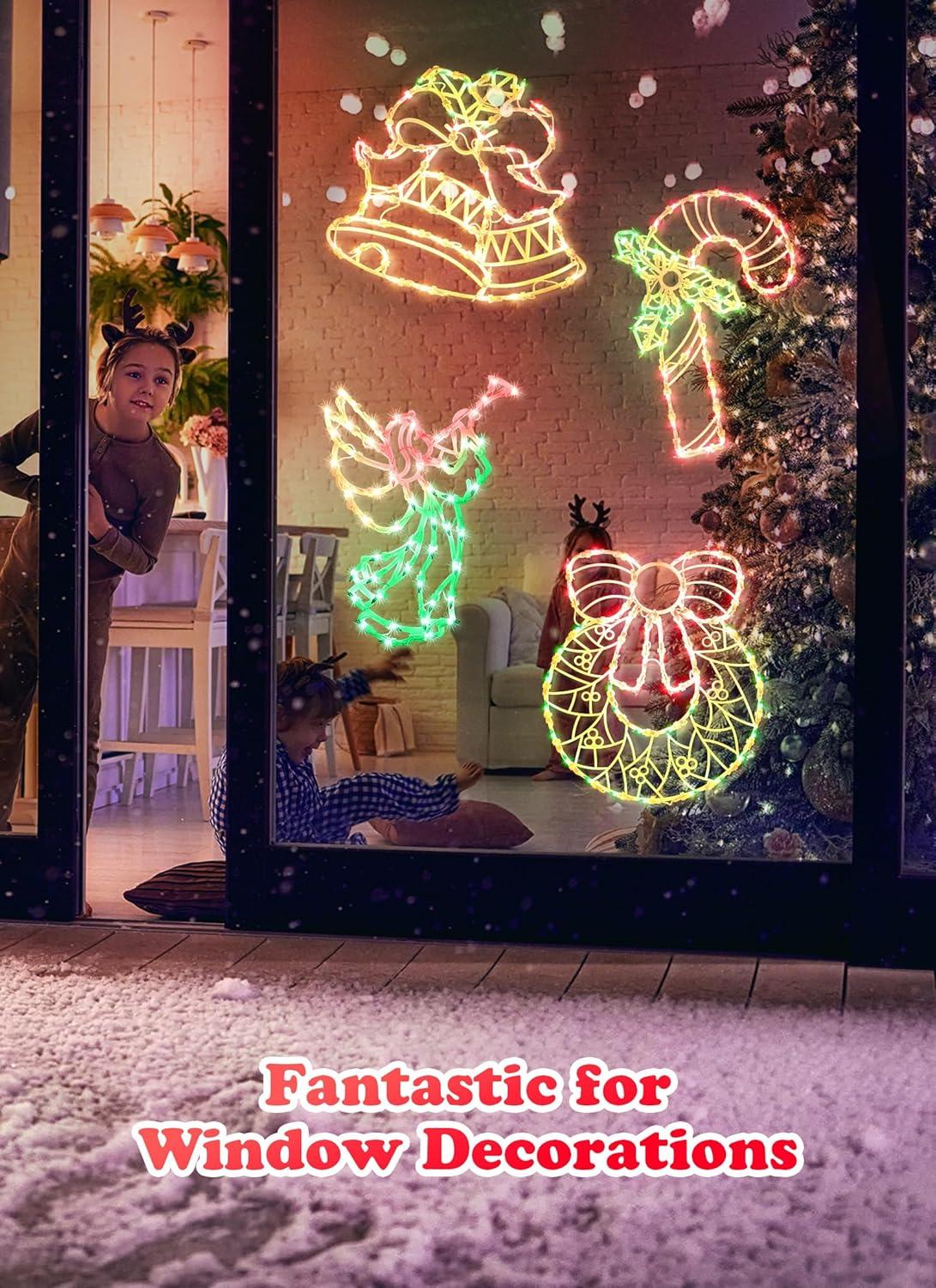 Christmas Window Silhouette Lights Decorations - Pack of 4 Sign Colour Lighted Wreath, Candy Cane, Bell, and Angel for Holiday Indoor Wall Door Glass Decor