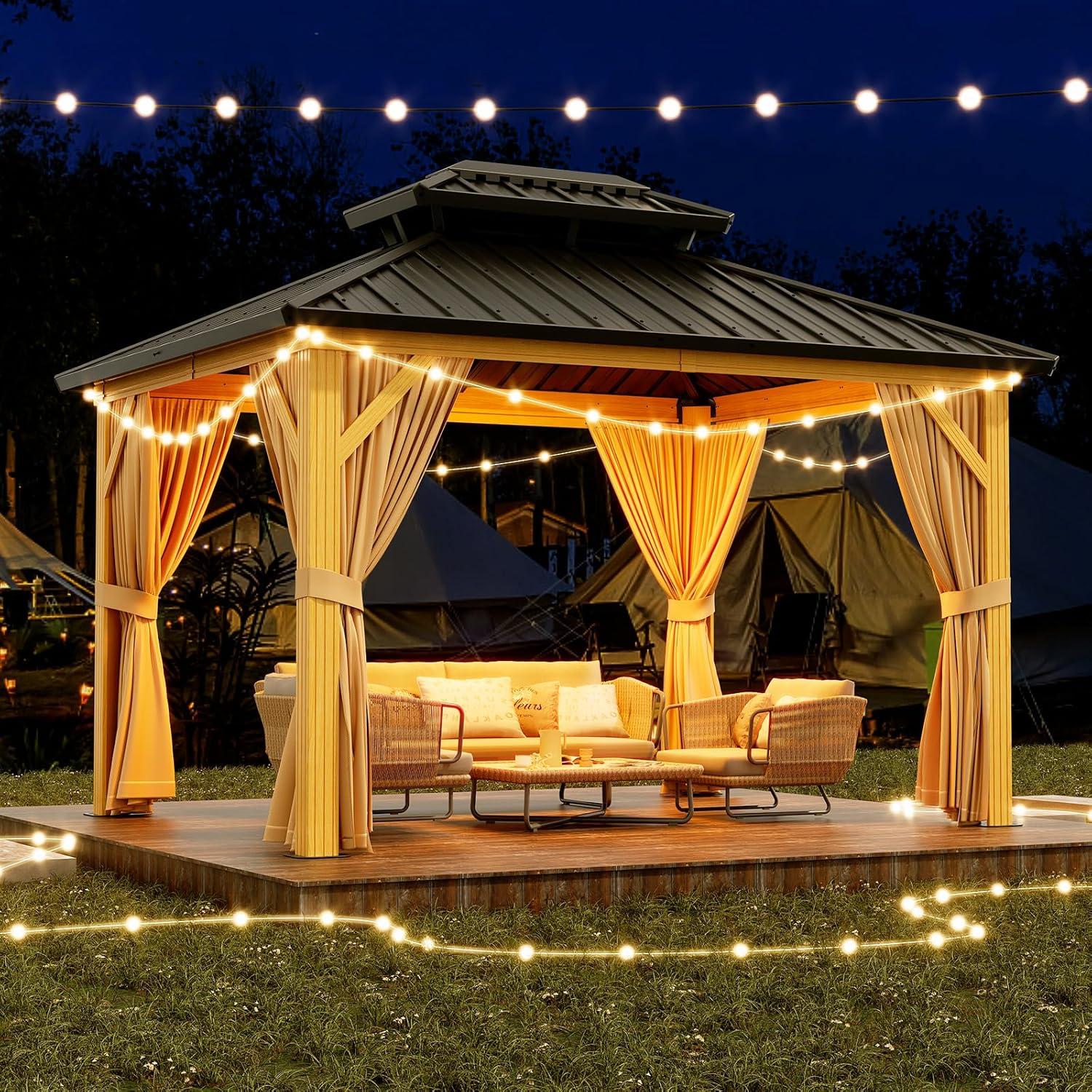 10x12 Brown Aluminum and Steel Hardtop Gazebo with Curtains