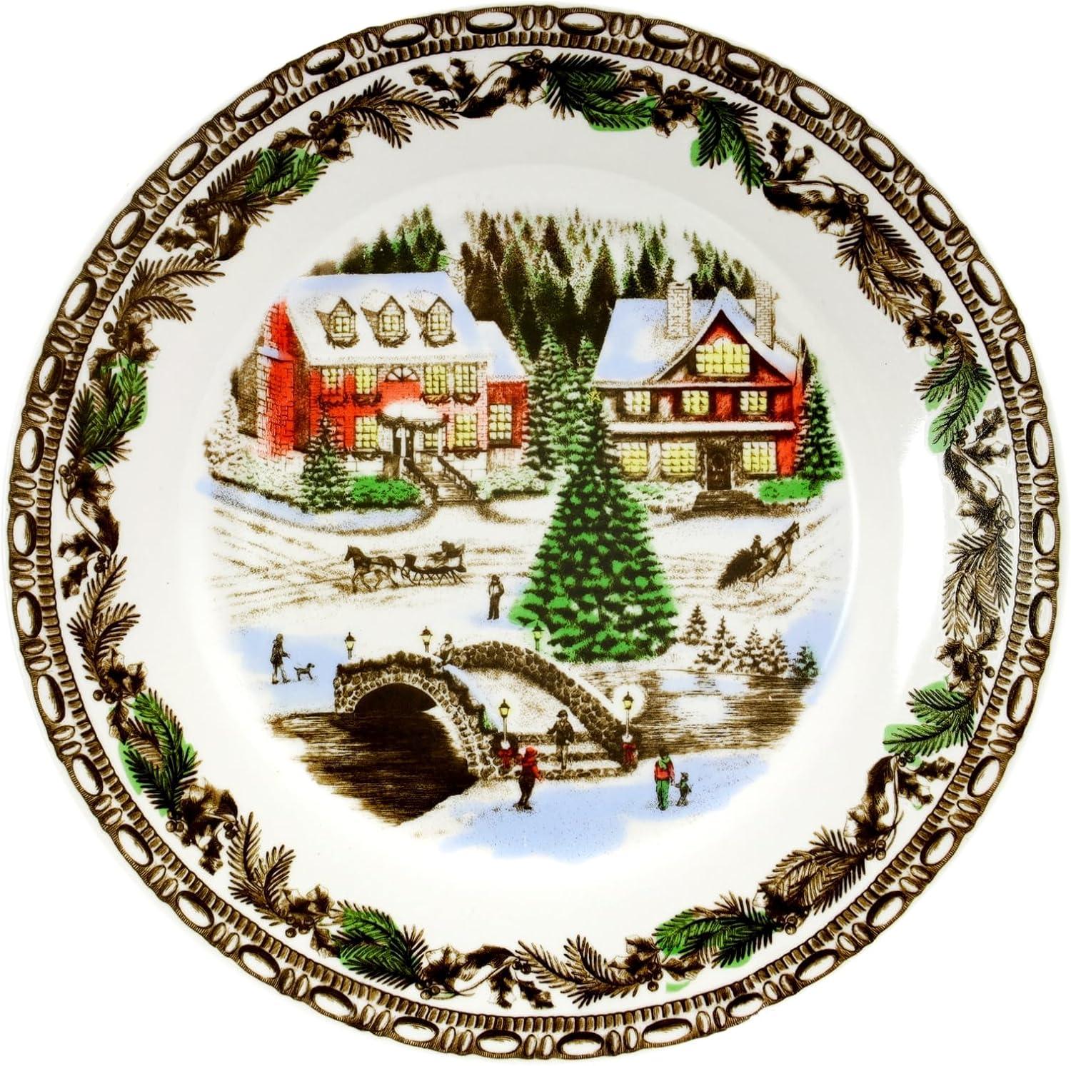 Christmas Toile 16-Piece Porcelain Dinnerware Set with Winter Scene