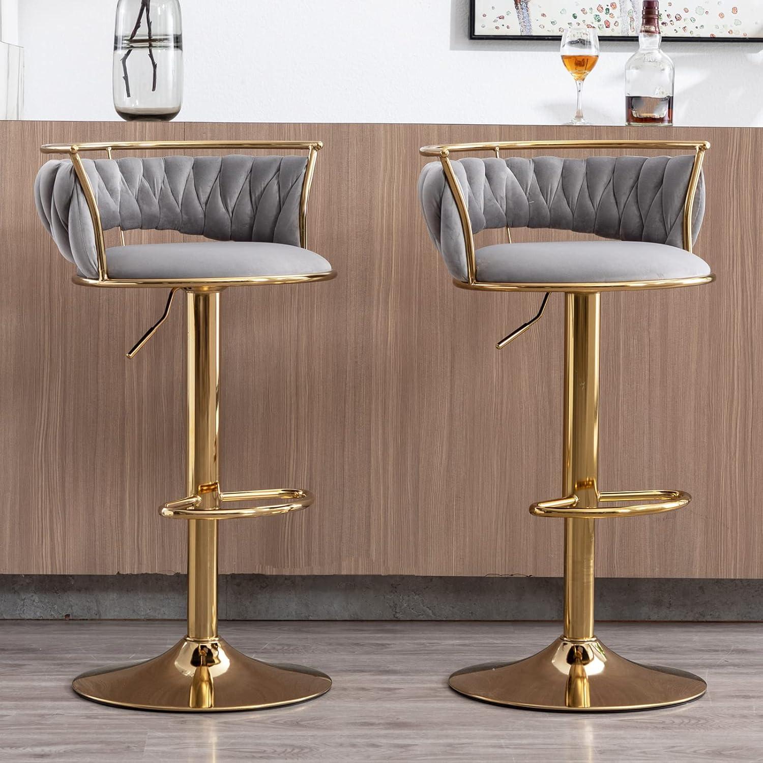 Velvet Bar Stools Set of 2, Counter Height Bar Stools with Low Back, Gold Swivel Barstools for Kitchen Island, Bar Pub (Grey)