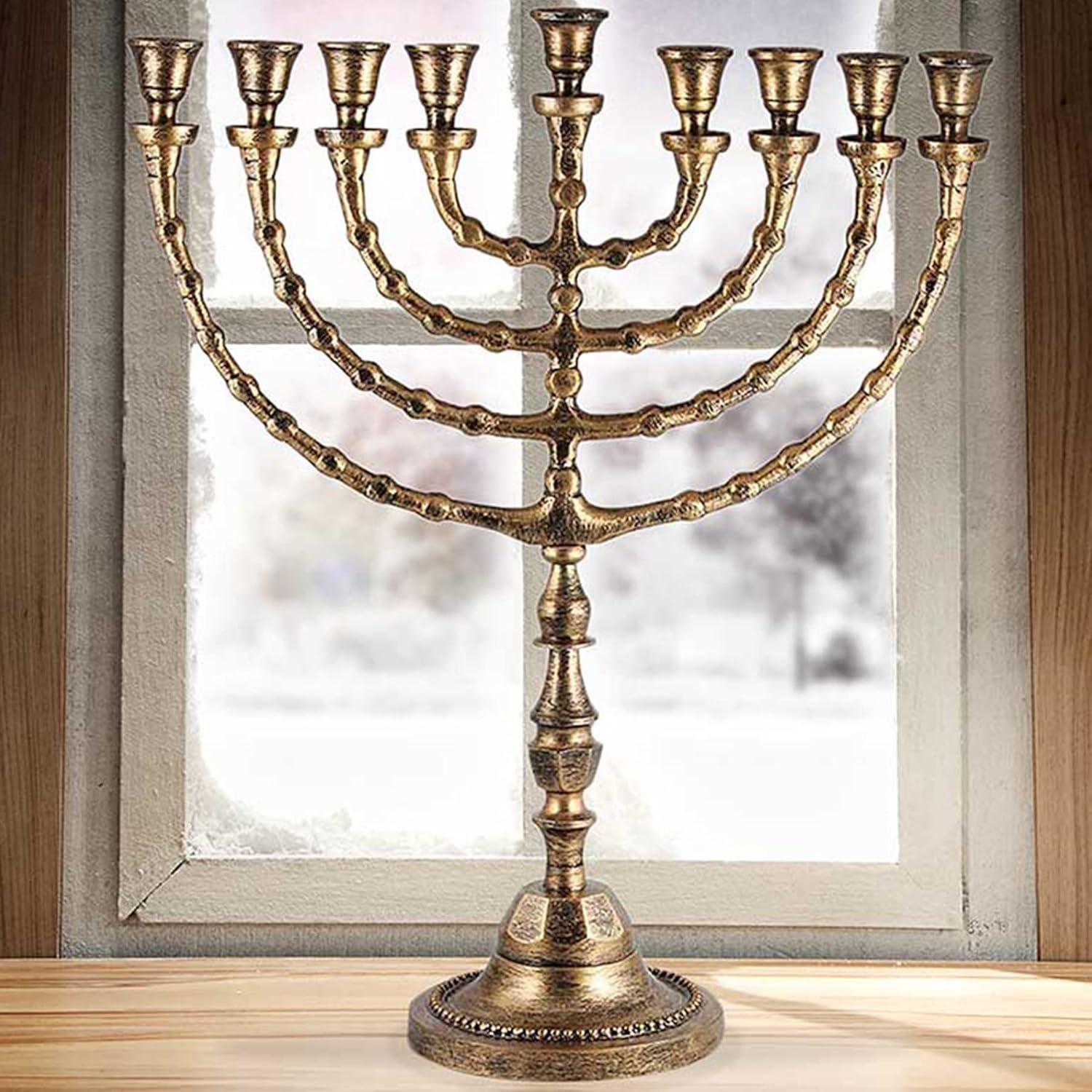 Zion Judaica Extra Large Traditional Chanukah Menorah use with Thick Shabbat Candles or Oil Cups Antique Gold Hanukkah Minorah for Shul, Synagogue, Temple 21" Tall Large Candle Chanukiah