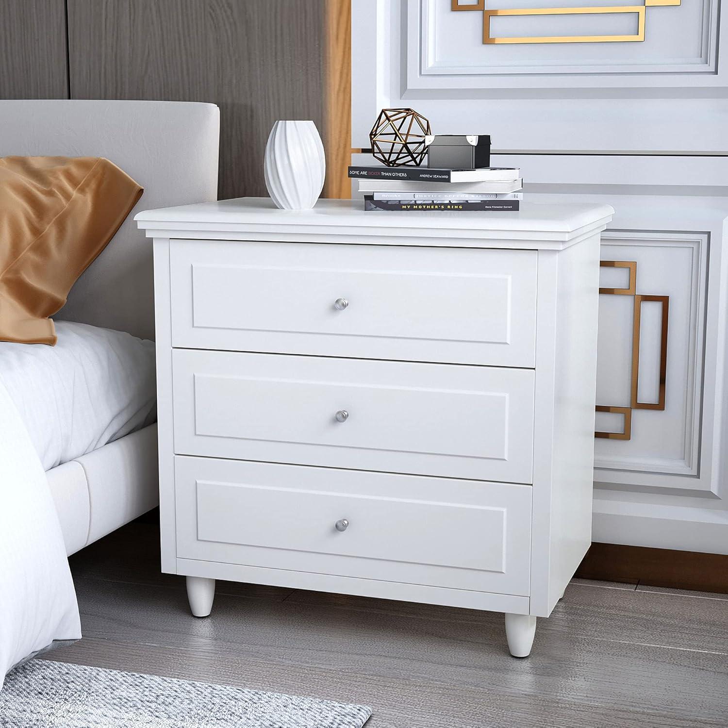 AWQM 3 Drawers Nightstand, with Wood Legs,Modern White Drawers Dresser Bedside Nightstand,Ideal for Bedroom,Living Room, 15.75" D x 21.65" W x 23.6" H,White