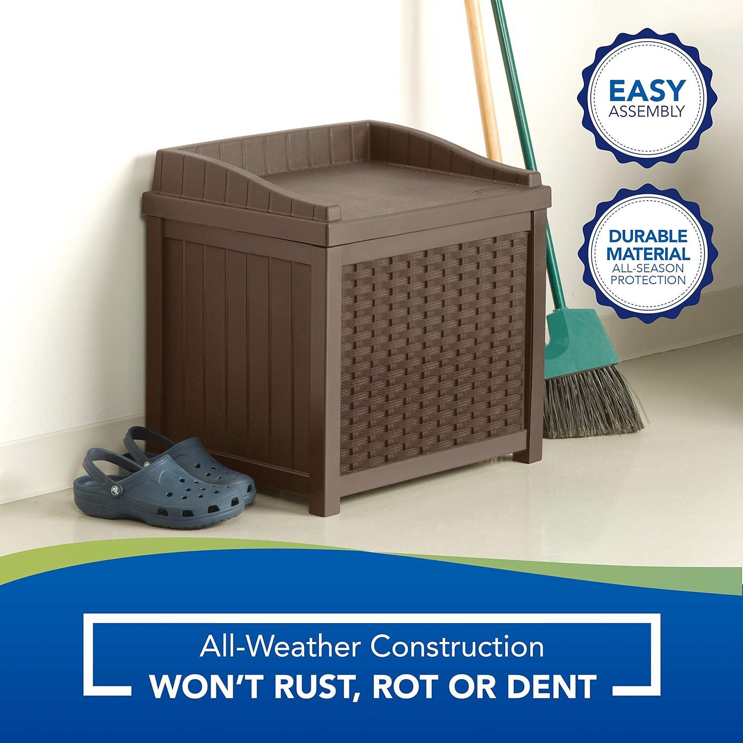 Mocha Wicker 22-Gallon Deck Box: Lightweight Resin Storage Container and Seat for Patio, Garage, Yard