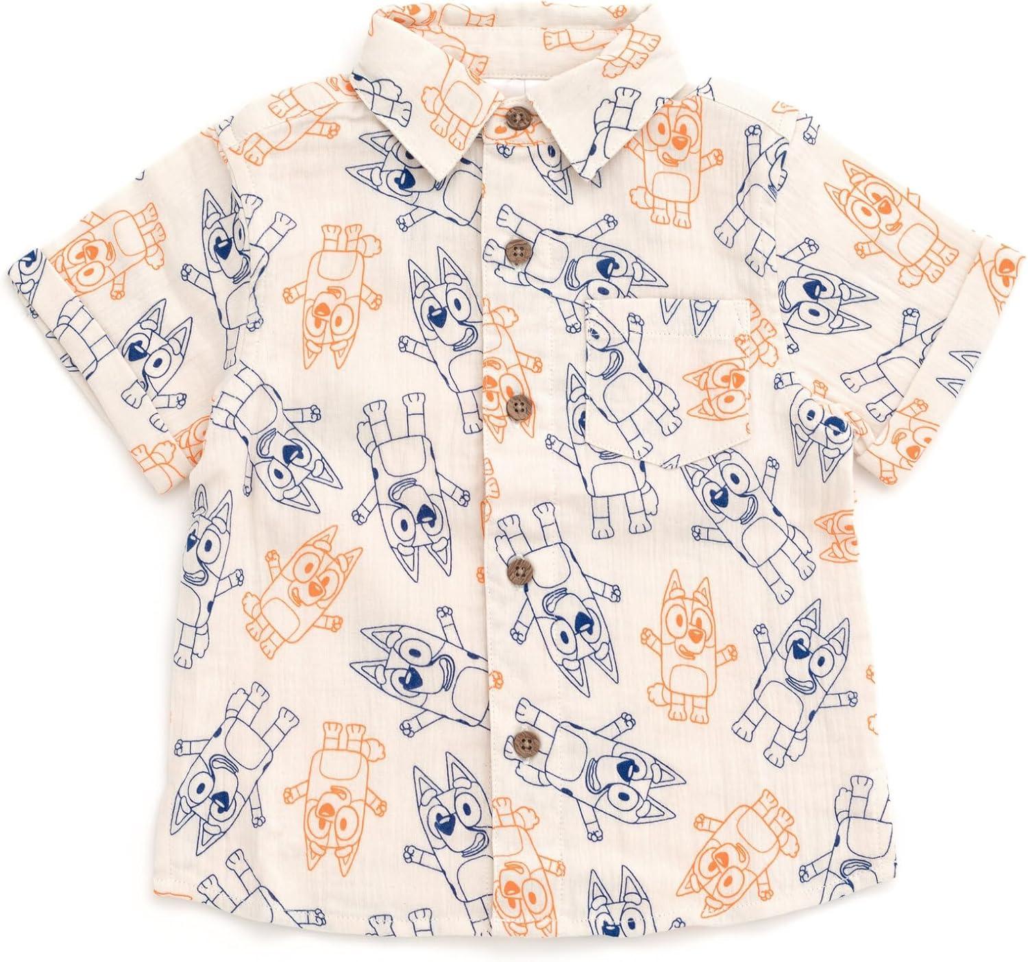 Bluey Bingo Little Boys Cotton Gauze Matching Family Button Down Shirt and Shorts Outfit Set Boy's Shorts Set 7-8