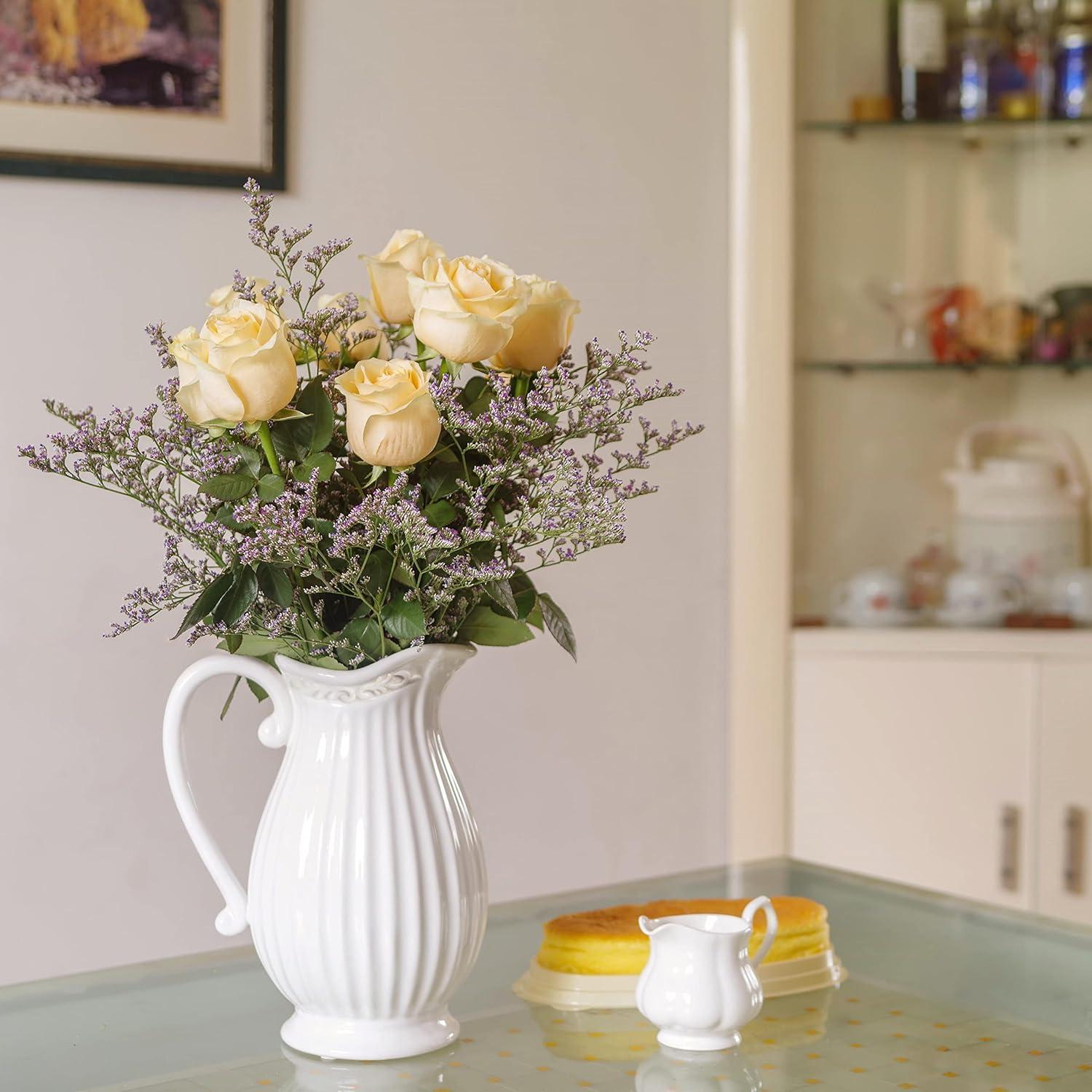 Elegant White Ceramic Round Pitcher Vase, 10 Inch