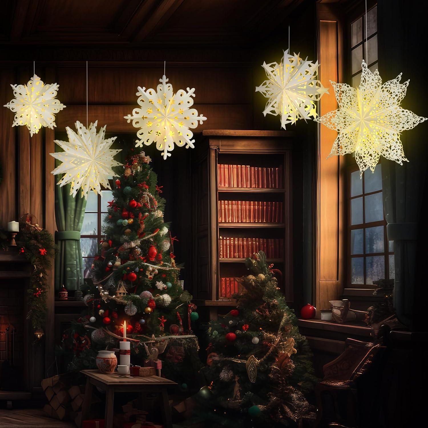 Mudder 5 Pieces Christmas Snowflake Paper Lantern with 7 Light up Star Paper 3D Hanging Lantern Lamp Party Decoration for Weddings Holiday Xmas Trees(Cute Style,White)