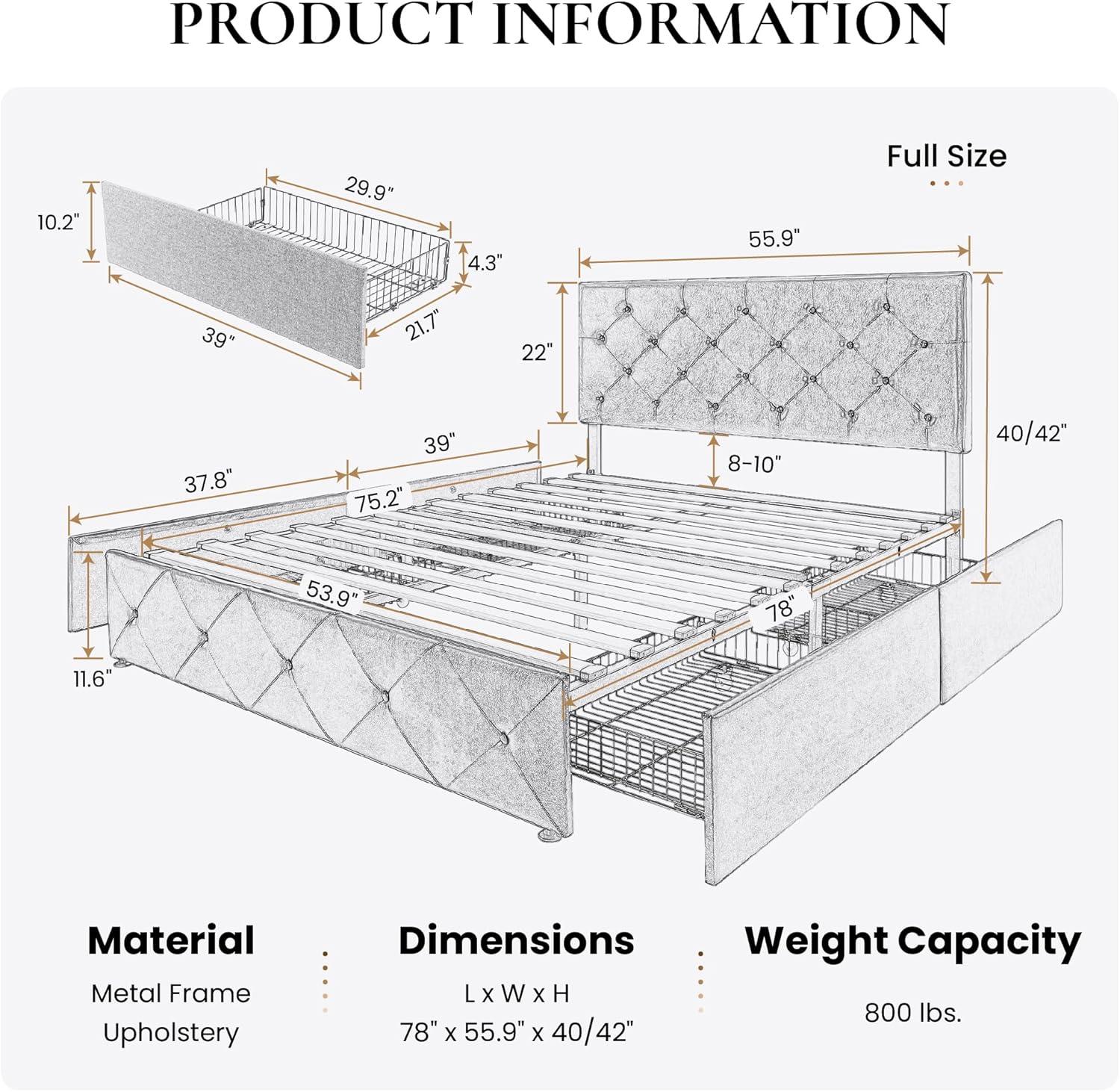 White Full Upholstered Platform Bed with Storage and Tufted Headboard