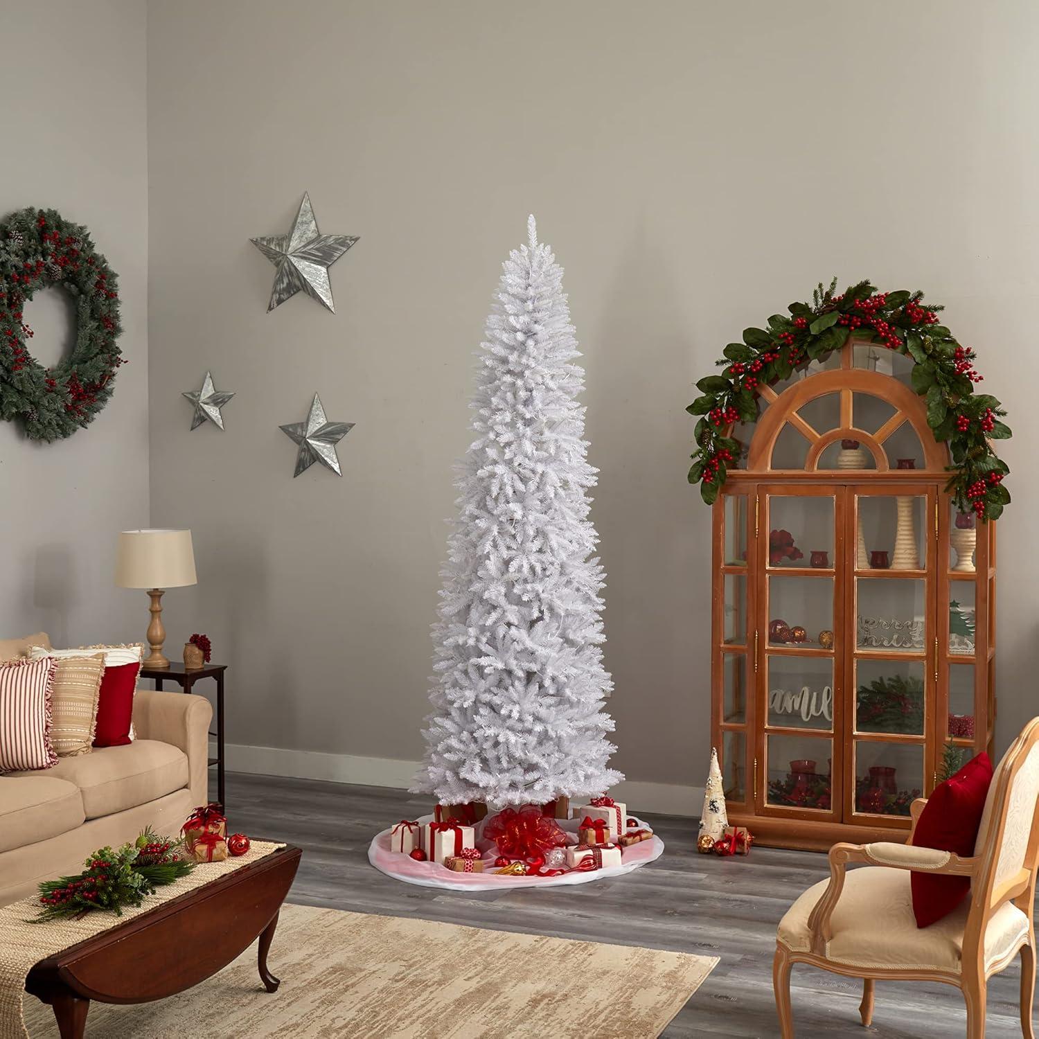 9-Foot Slim White Artificial Christmas Tree with Warm LED Lights