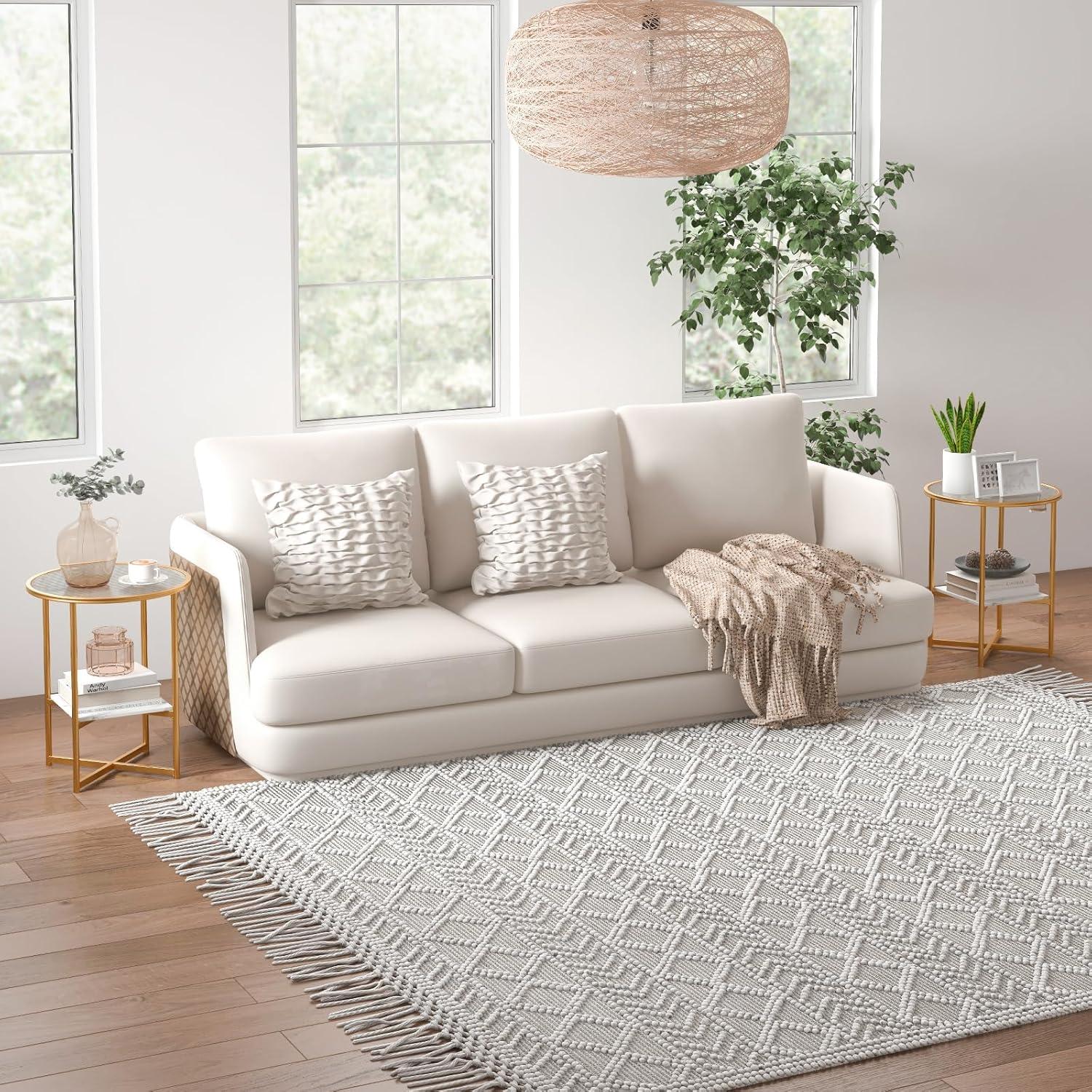 Kepooman End Tables,Side End Table,Nightstand,2-Tier Glass End Table Set of 2 with Faux Marble Storage Shelf-White