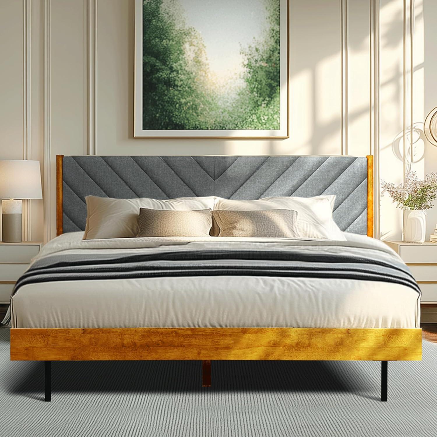 Felisha Solid Wood King Upholstered Bed Frame with Fabric Headboard, Contemporary Modern Upholstered Platform Bed