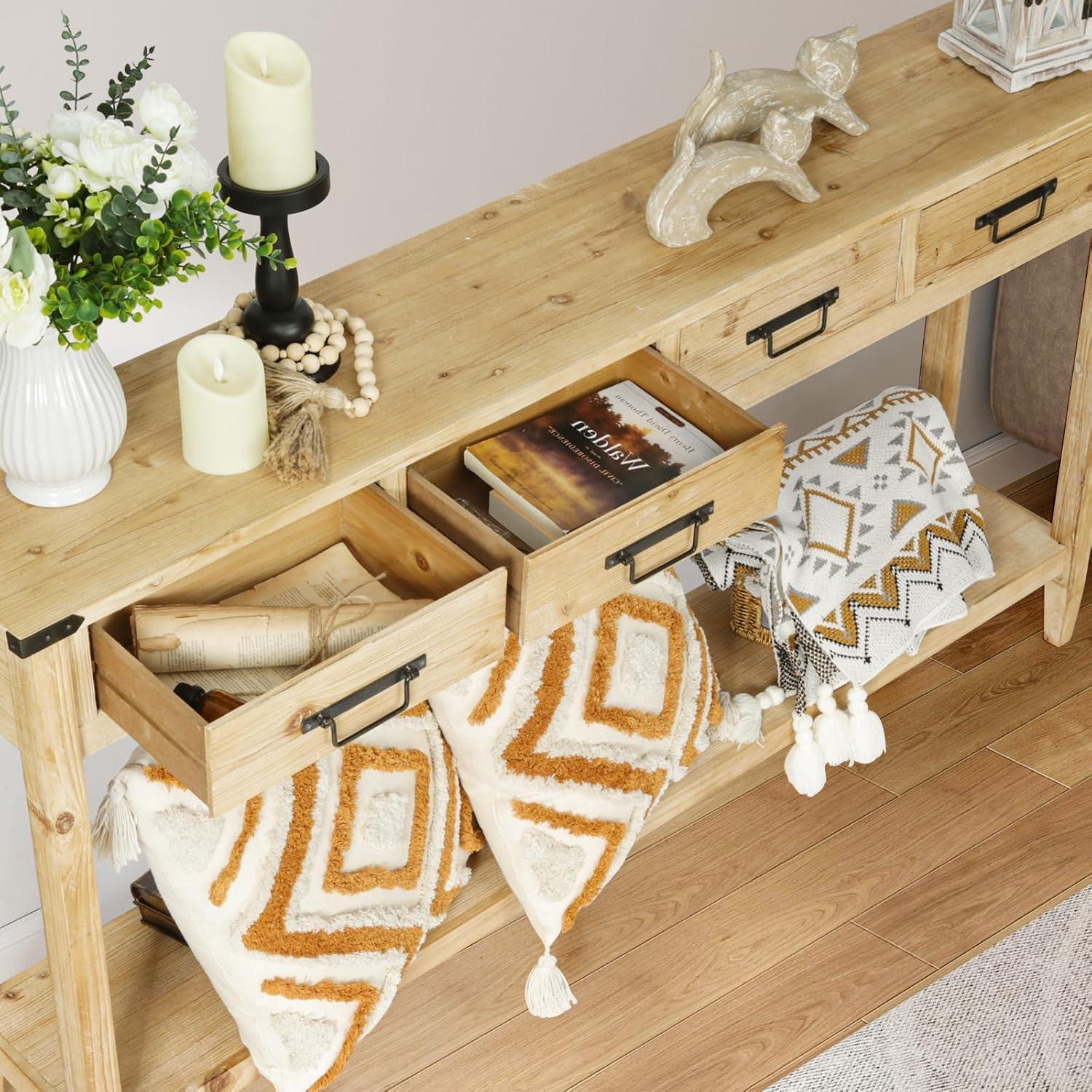 Natural Rustic Wood Console Table with Drawers and Shelves