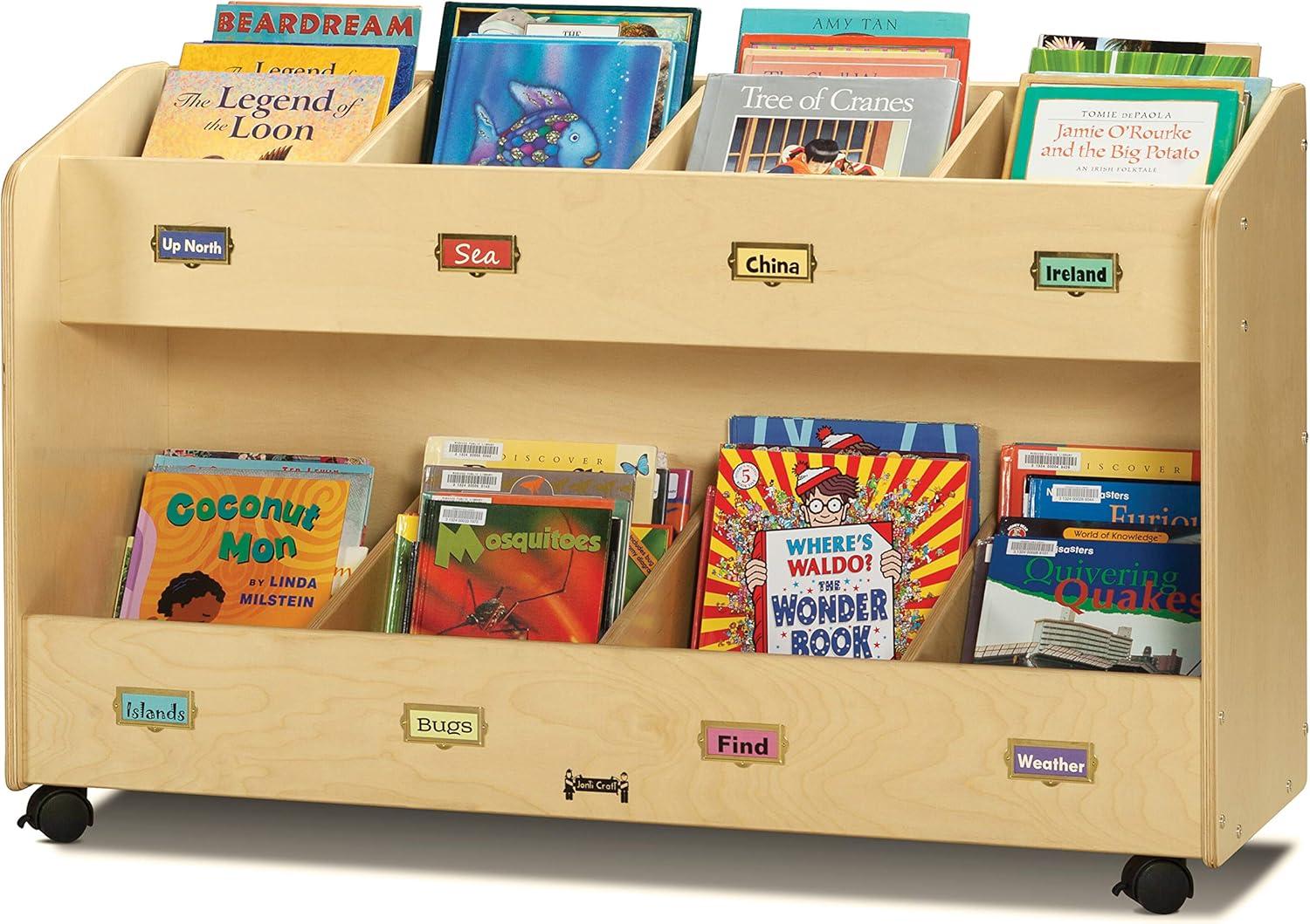 Natural Wood Mobile 8-Section Book Organizer with Casters