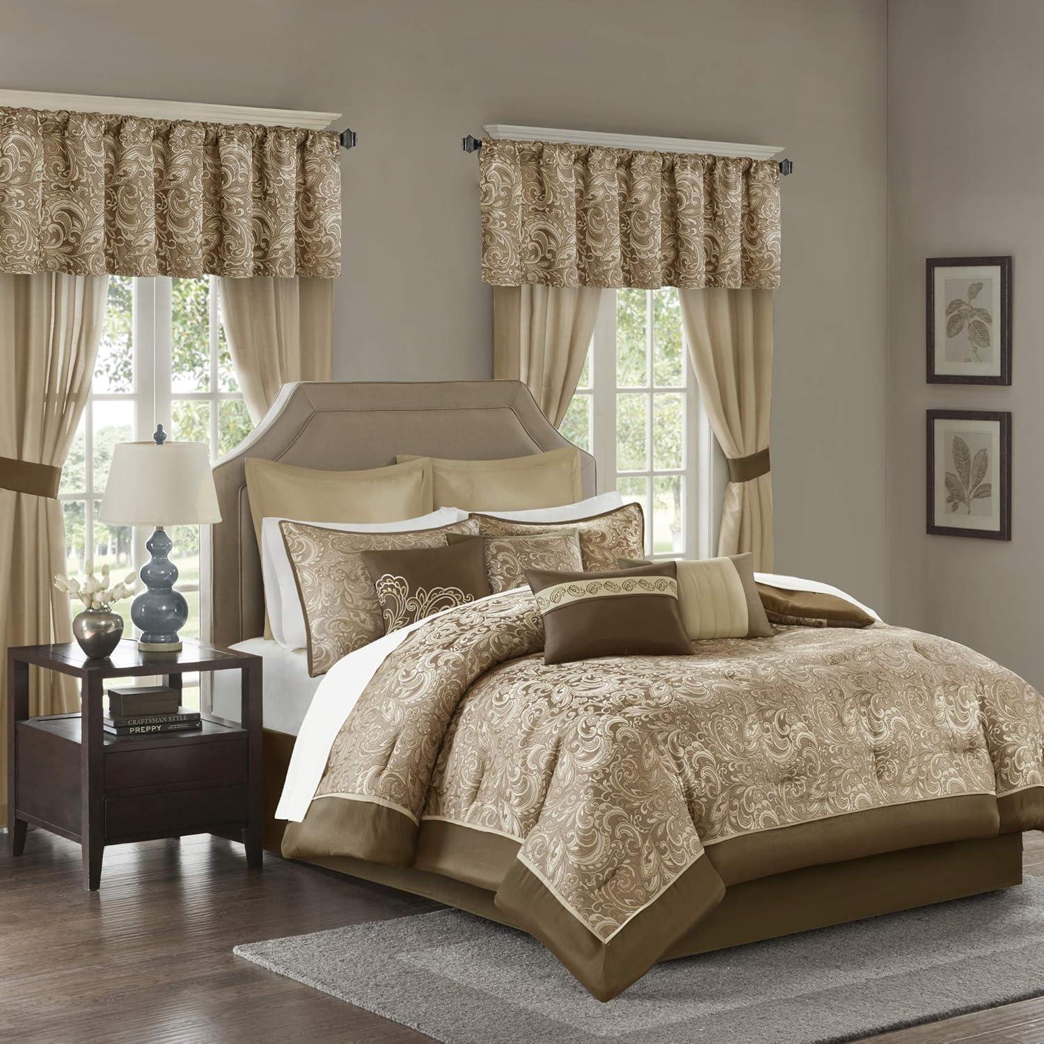 California King Brown Microfiber Paisley Comforter Set with Curtains