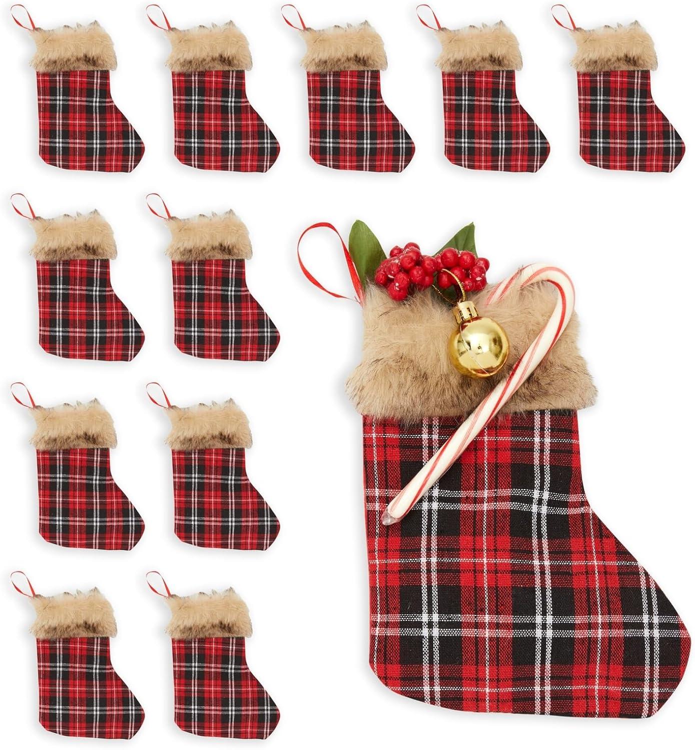 Set of 12 Red Buffalo Plaid Mini Christmas Stockings with Faux Fur Trim