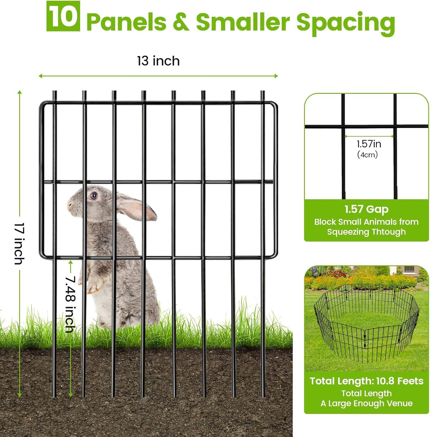 10 Pack Garden Fencing Animal Barrier, 10.8ft(L) X 17in(H) No Dig Fence Panels, 1.25in Spike Spacing Rustproof Dog Digging Fence Barrier, Dogs Rabbits Blocker Fence for Outdoor Yard