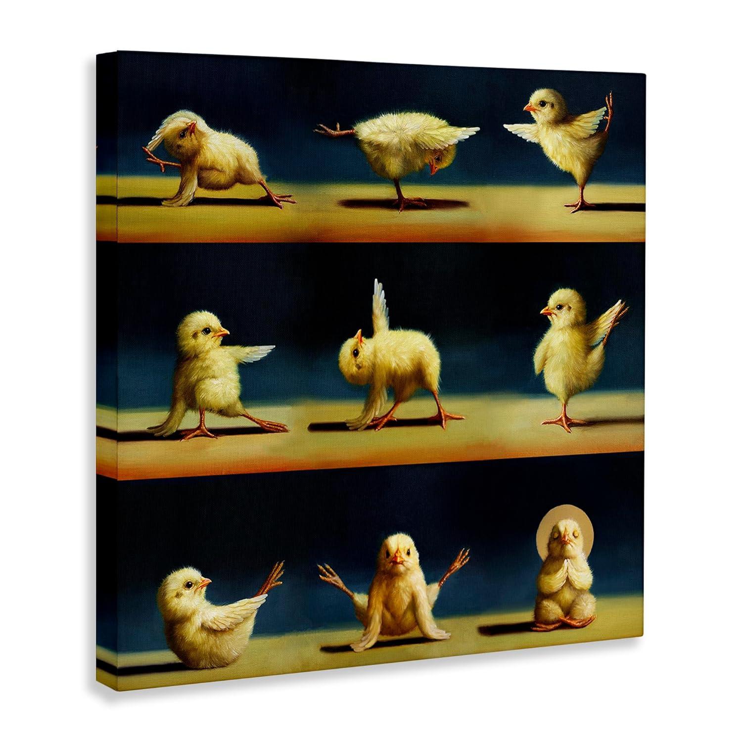 Yoga Chicks Stretching Farm Animals Funny Exercise Painting Animals & Insects Painting Gallery-Wrapped Canvas Print Wall Art