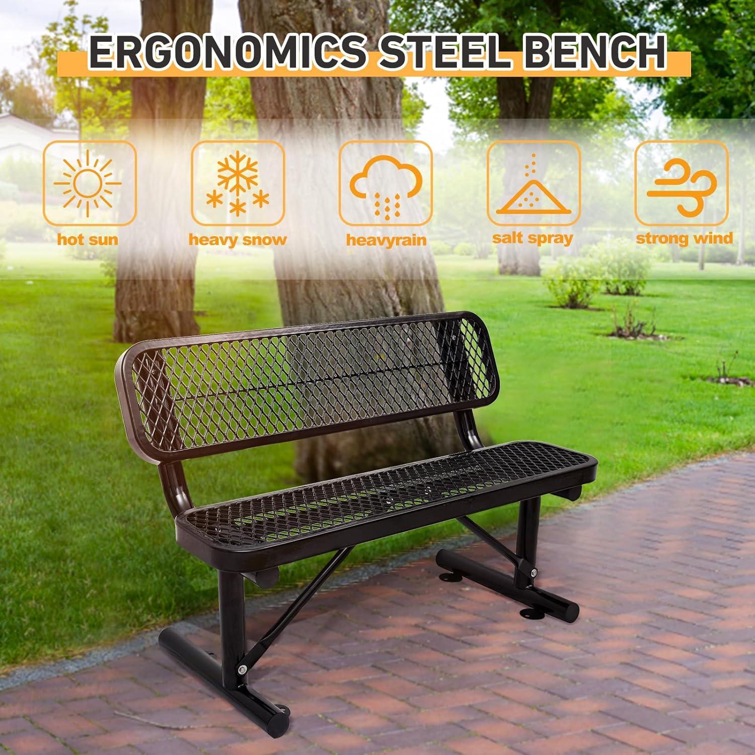 Global Industrial  4 ft. Outdoor Steel Bench with Backrest & Expanded Metal - Black