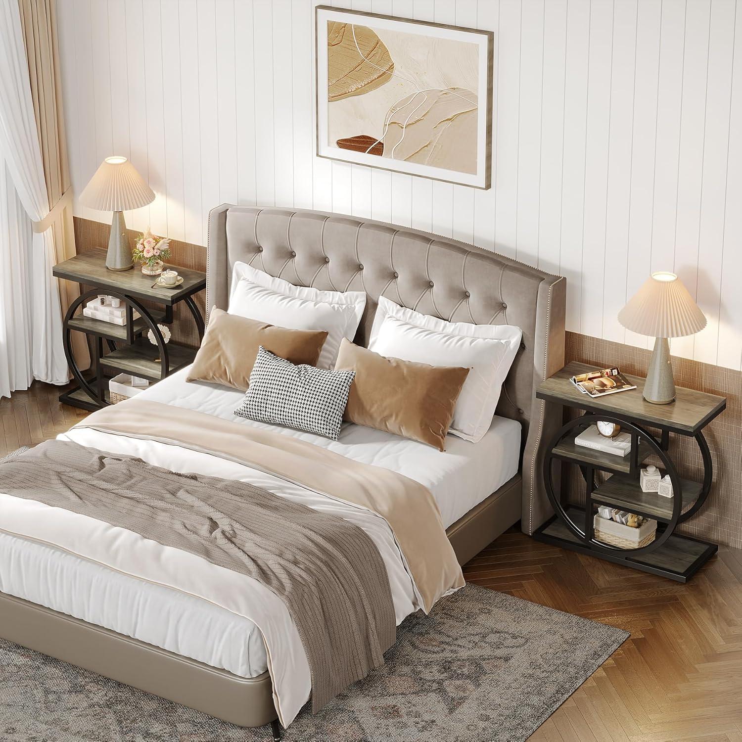 Tribesigns End Table Set of 2, 4-Tier Narrow Side Table with Storage Shelves, Wood Small Sofa Side Table with Geometric Metal Frame, Industrial Bedside Table for Bedroom, Living Room, Grey