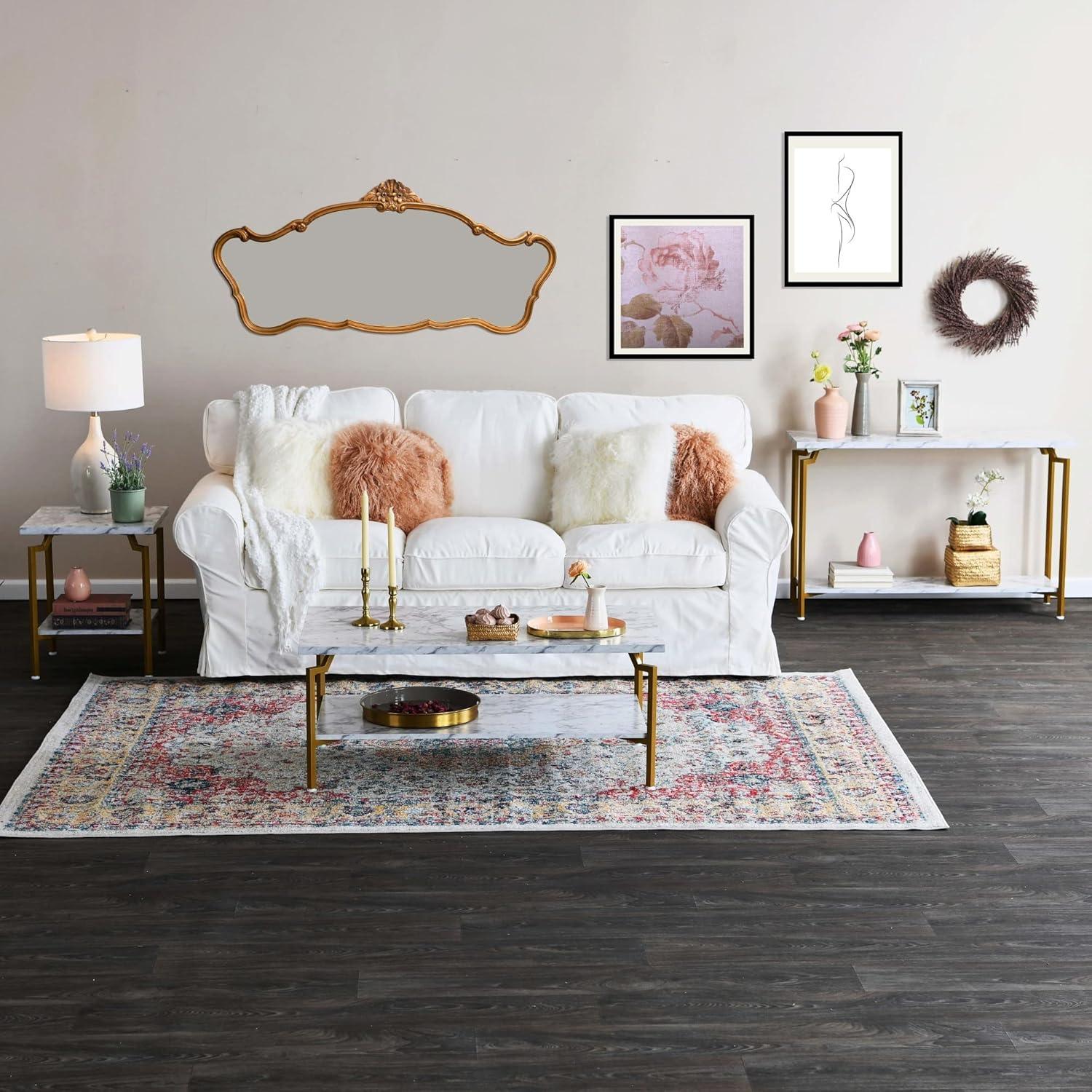 Crown Console Sofa Table with Storage Shelf White Marble and Gold Metal