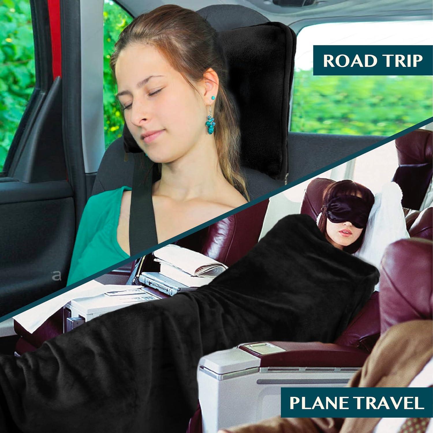 PAVILIA Travel Blanket and Pillow, Warm Soft Fleece 2-IN-1 Combo Large Compact Set for Airplane Camping Car Trips (Black, 60 x 43 inches)