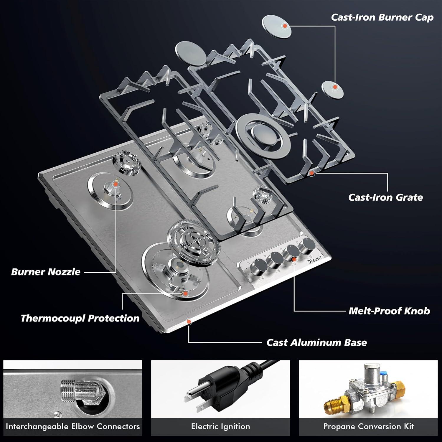 24-Inch Stainless Steel 4-Burner Propane Gas Cooktop