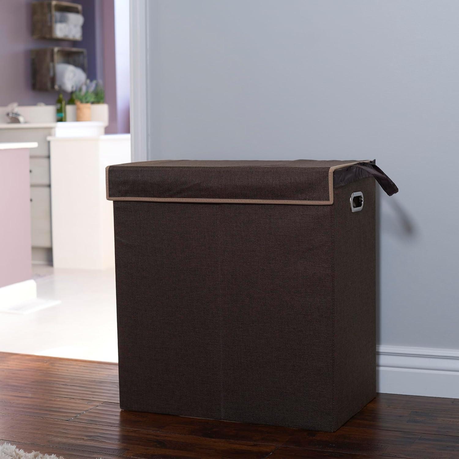 Double Laundry Hamper with Lid, Two Compartments for Easy Sorting with Removable Liner, Collapsible, Brown Linen 5614