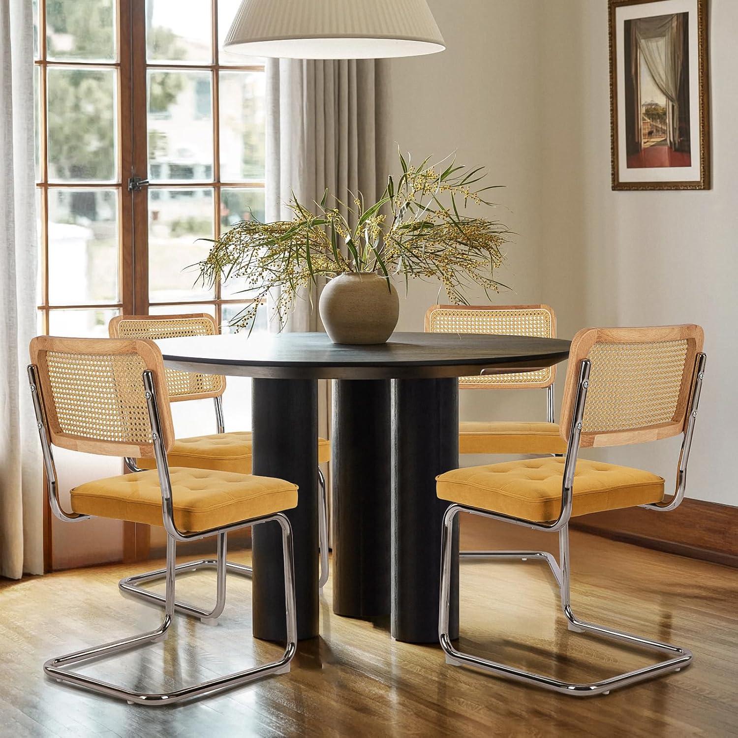 COLAMY Velvet Rattan Dining Chairs Set of 2, Mid Century Modern Dining Room Kitchen Side Chairs with Metal Chrome Legs and Upholstered Seat for Home, Living Room, Bedroom - Yellow