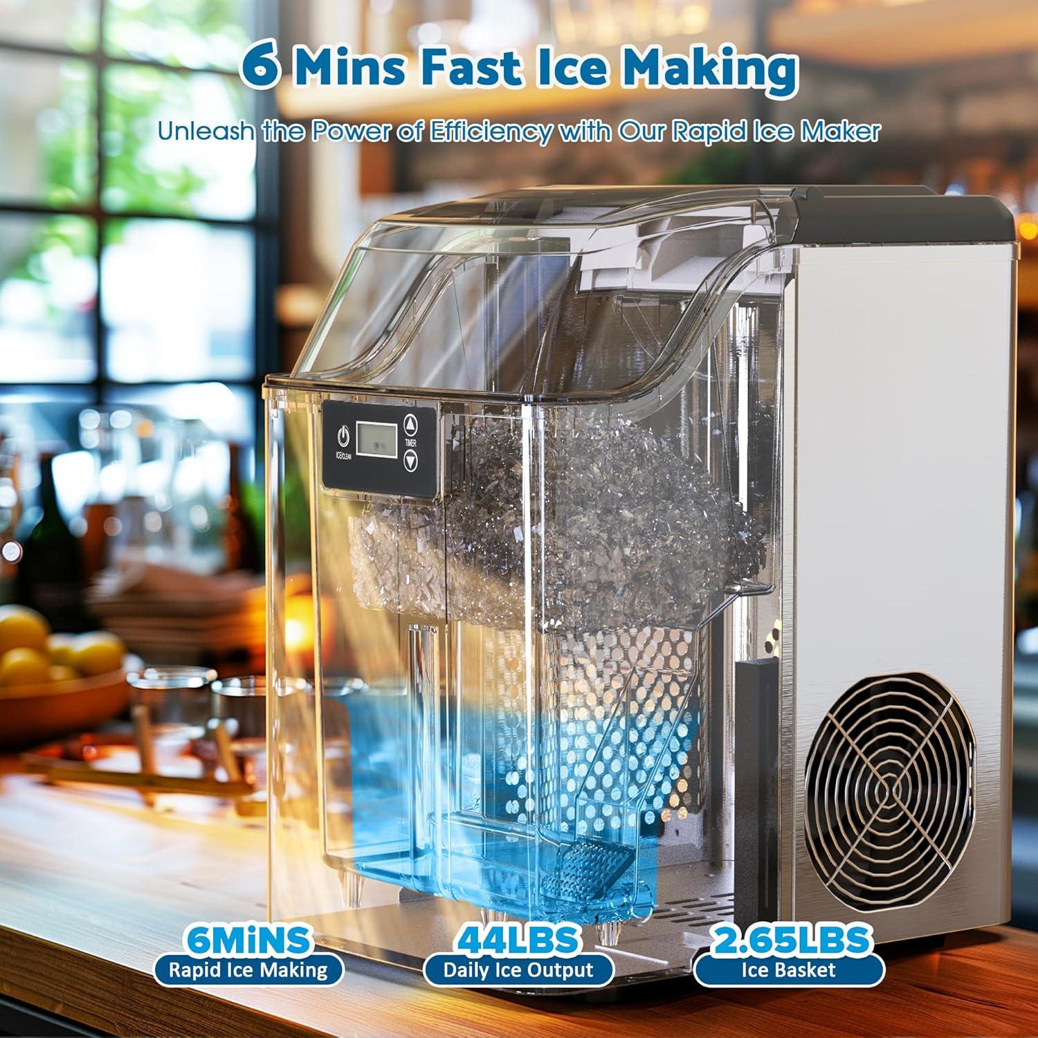 Emorefun Portable Nugget Ice Maker, 44Lbs/24H Compact Ice Machine for Home Office Countertop