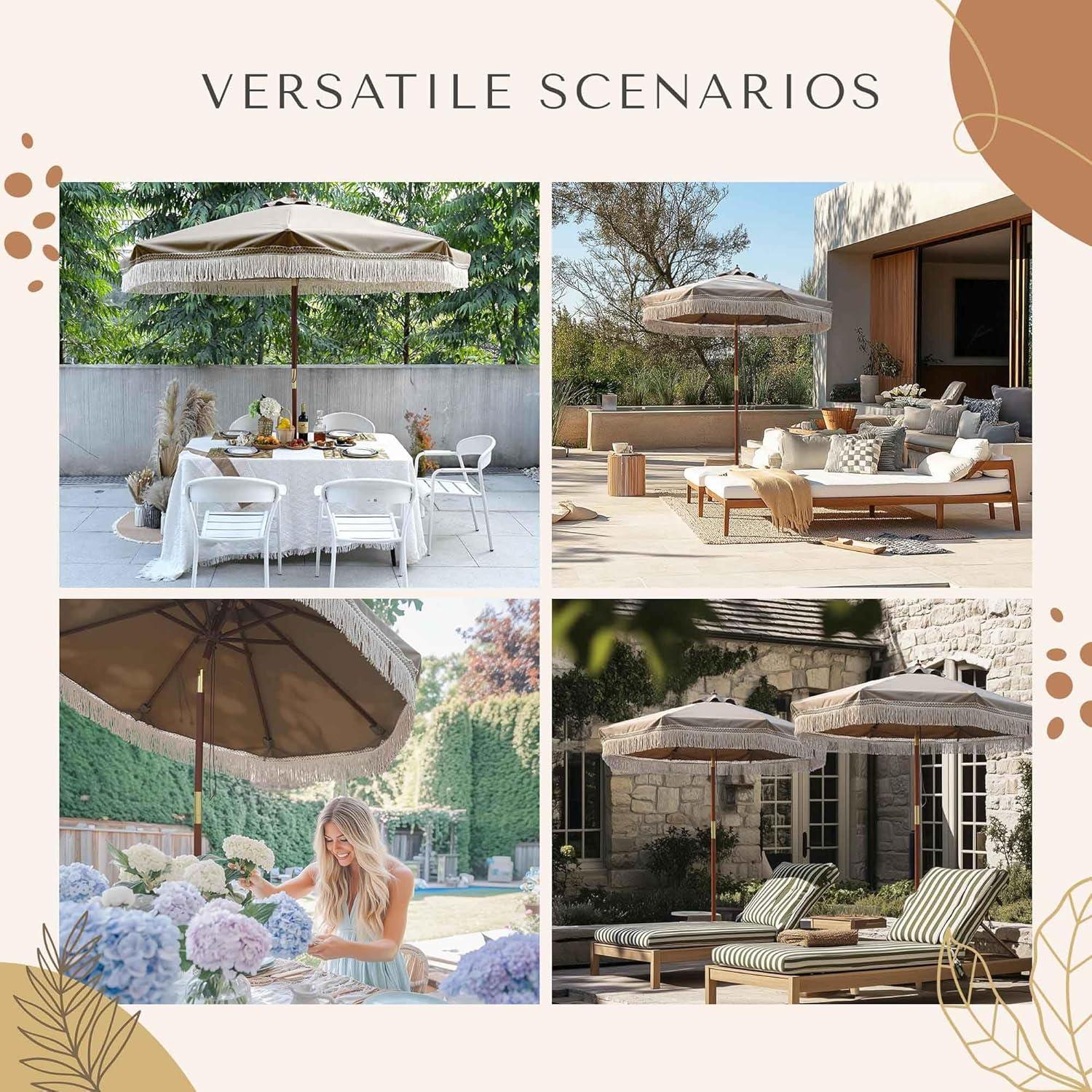 LAGarden BOHO 9' Fringe Patio Umbrella with Tassels UPF50+ Boho Style 5-Year-Non-Fading for Outdoor Yard Market Mocha Meander brown