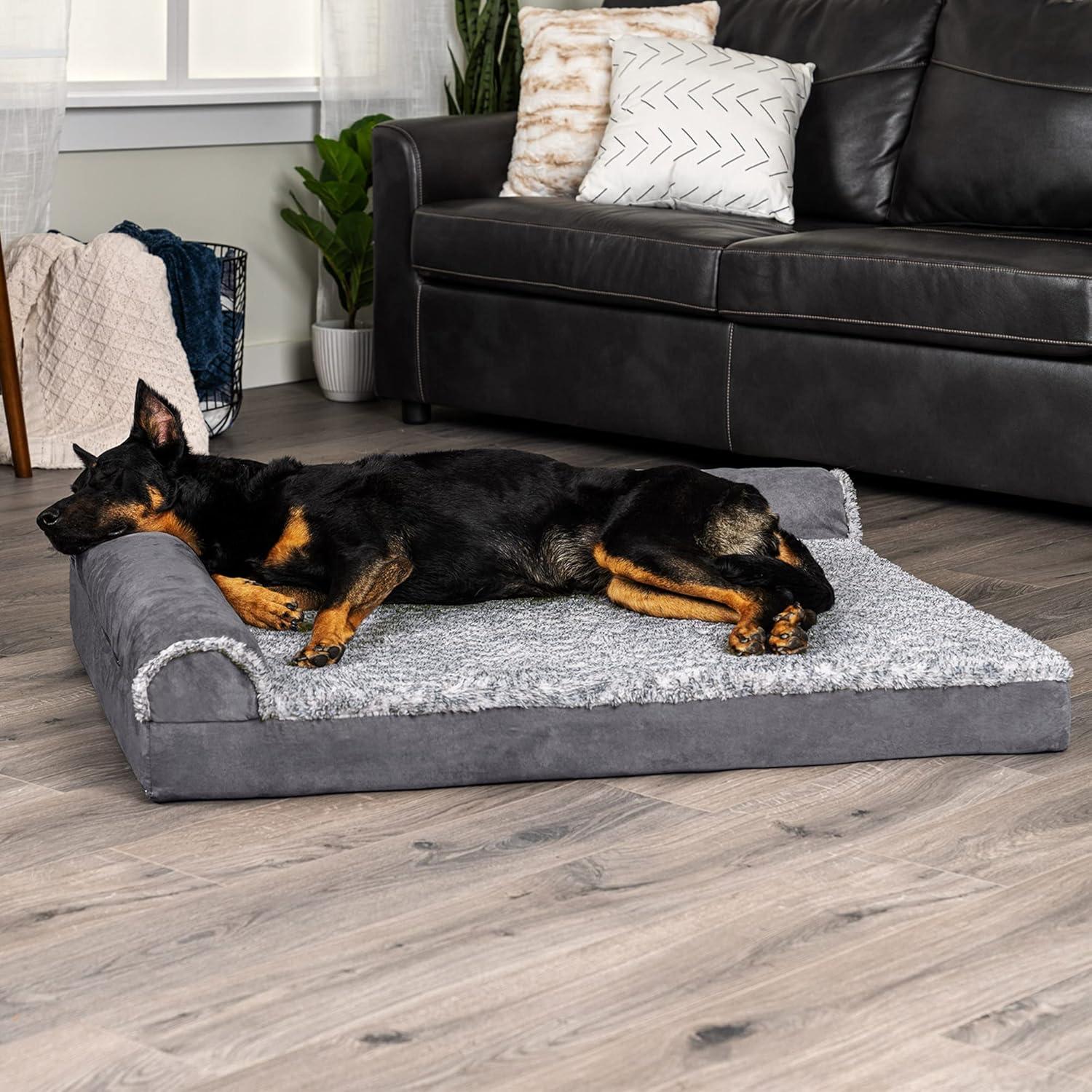 FurHaven Two-Tone Faux Fur & Suede Deluxe Chaise Lounge Orthopedic Sofa Dog Bed - Jumbo, Stone Gray