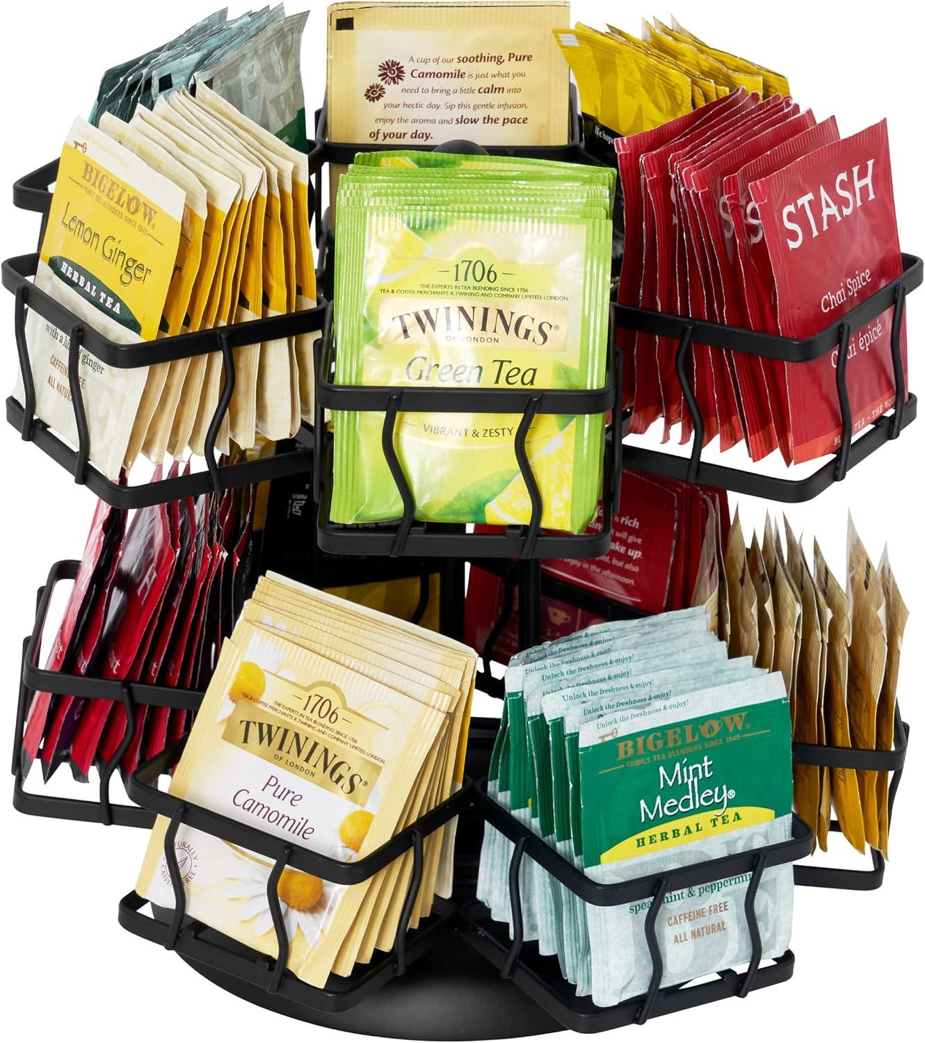 NHZ Tea Bag Organizer - Spinning Carousel Holder With 12 Compartments, Up to 140 Tea Bags Storage, Black Powder Coated Stainless Steel