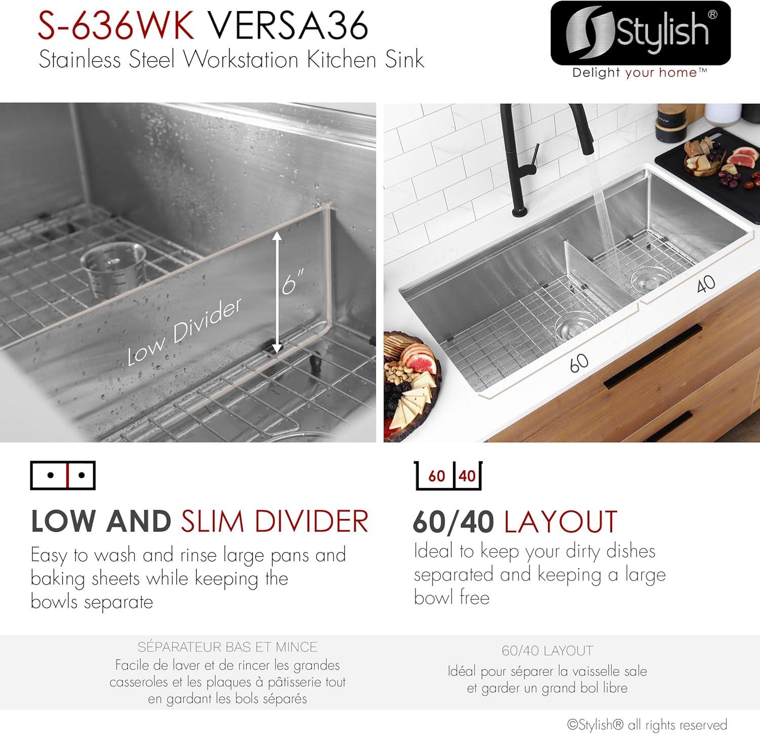 Versa STYLISH 42 inch Stainless Steel Workstation 70/30 Double Bowl Undermount Kitchen Sink with Accessories included