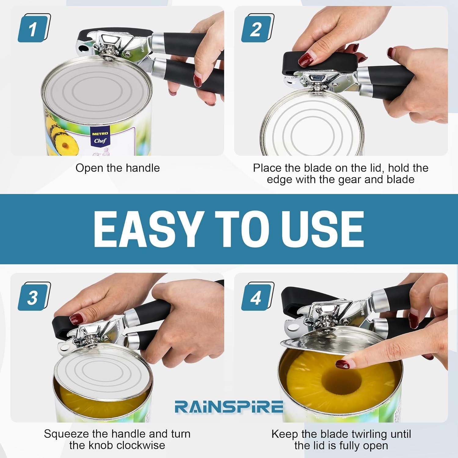 Can Opener Manual Handheld Strong Manual Can Opener Smooth Edge Cut, Can Opener Heavy Duty, Comfortable Soft Handle, Built-in Bottle Opener, Black Black Large Black Large