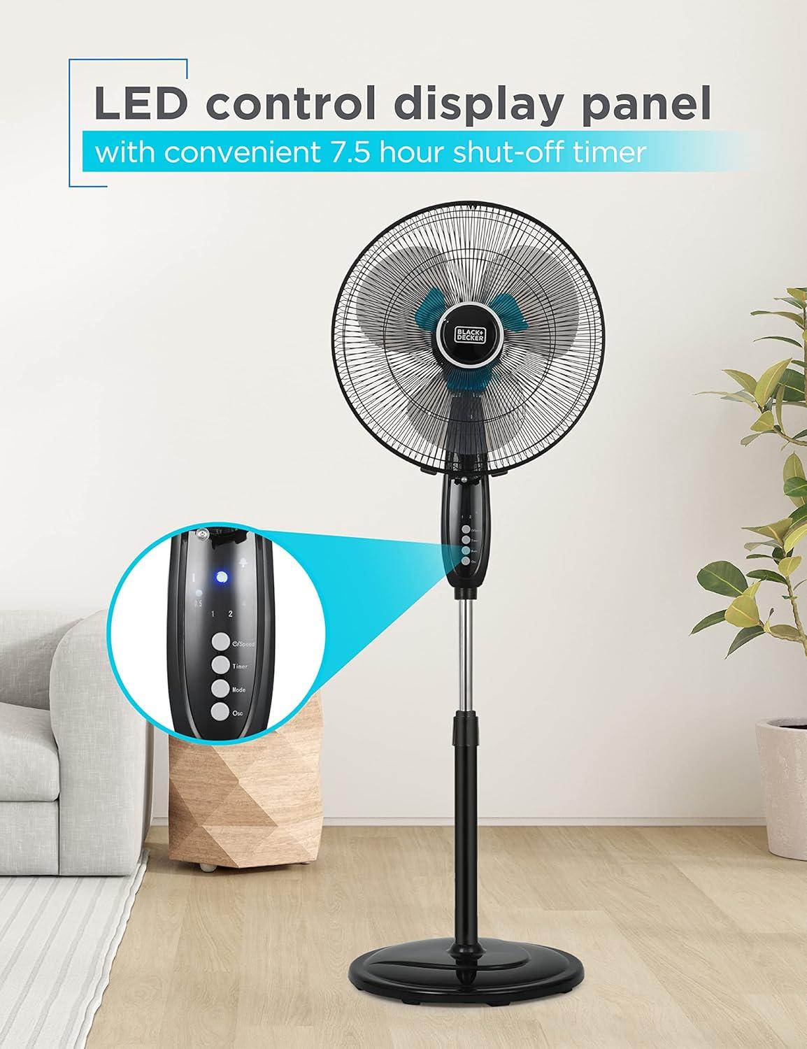 BLACK+DECKER 3-Speed 60-Watt 16-In. Dual-Blade Oscillating Stand Fan with Remote, BFSD116B