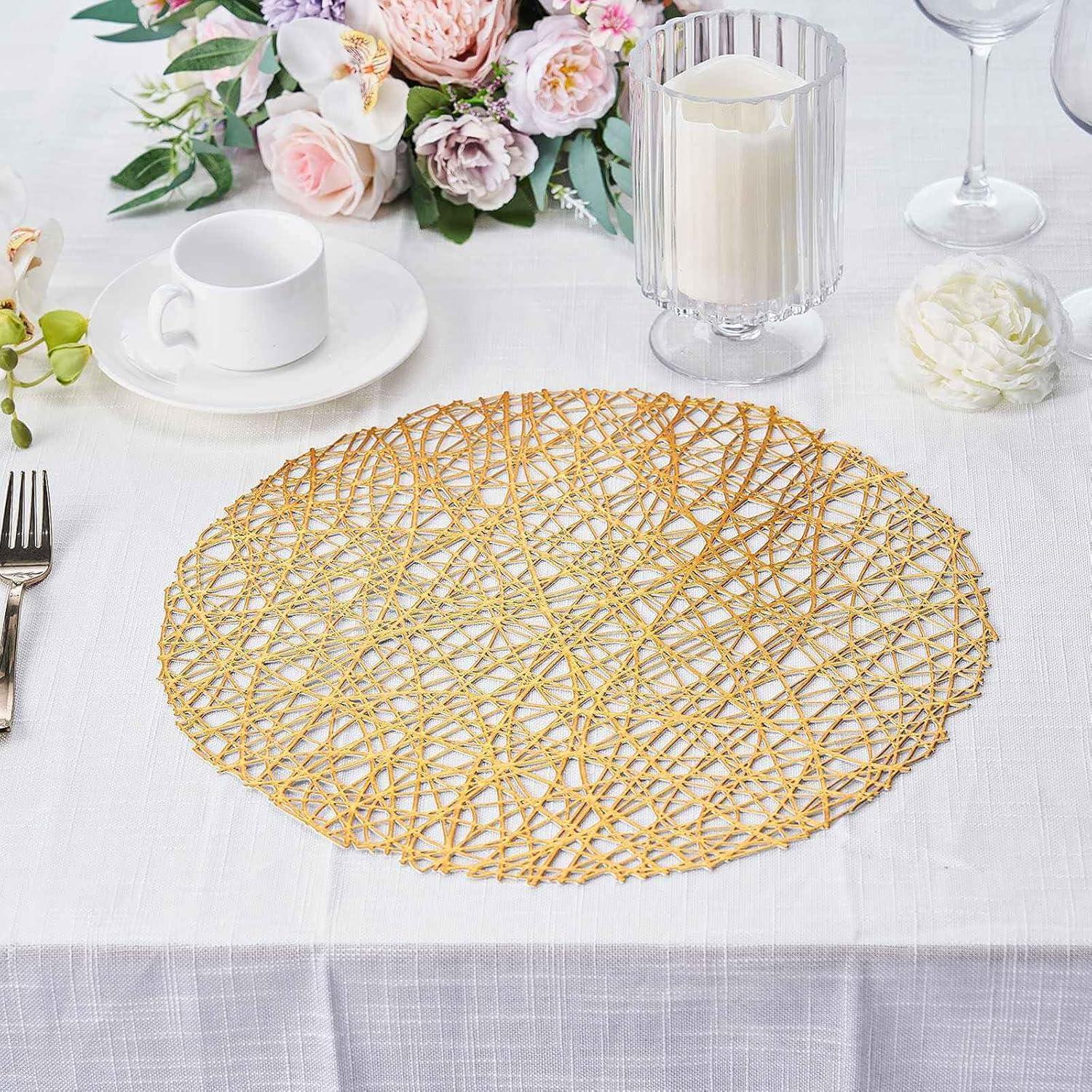 Efavormart 6 Pack 15" Gold Round Woven Vinyl Placemats Non Slip Dining Table Placemats For Wedding Events Birthday Party