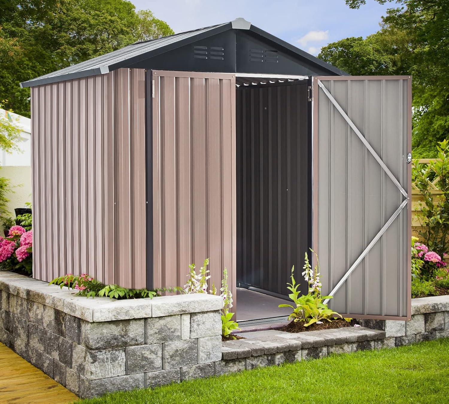 Gray and Brown Metal Outdoor Storage Shed with Lockable Door