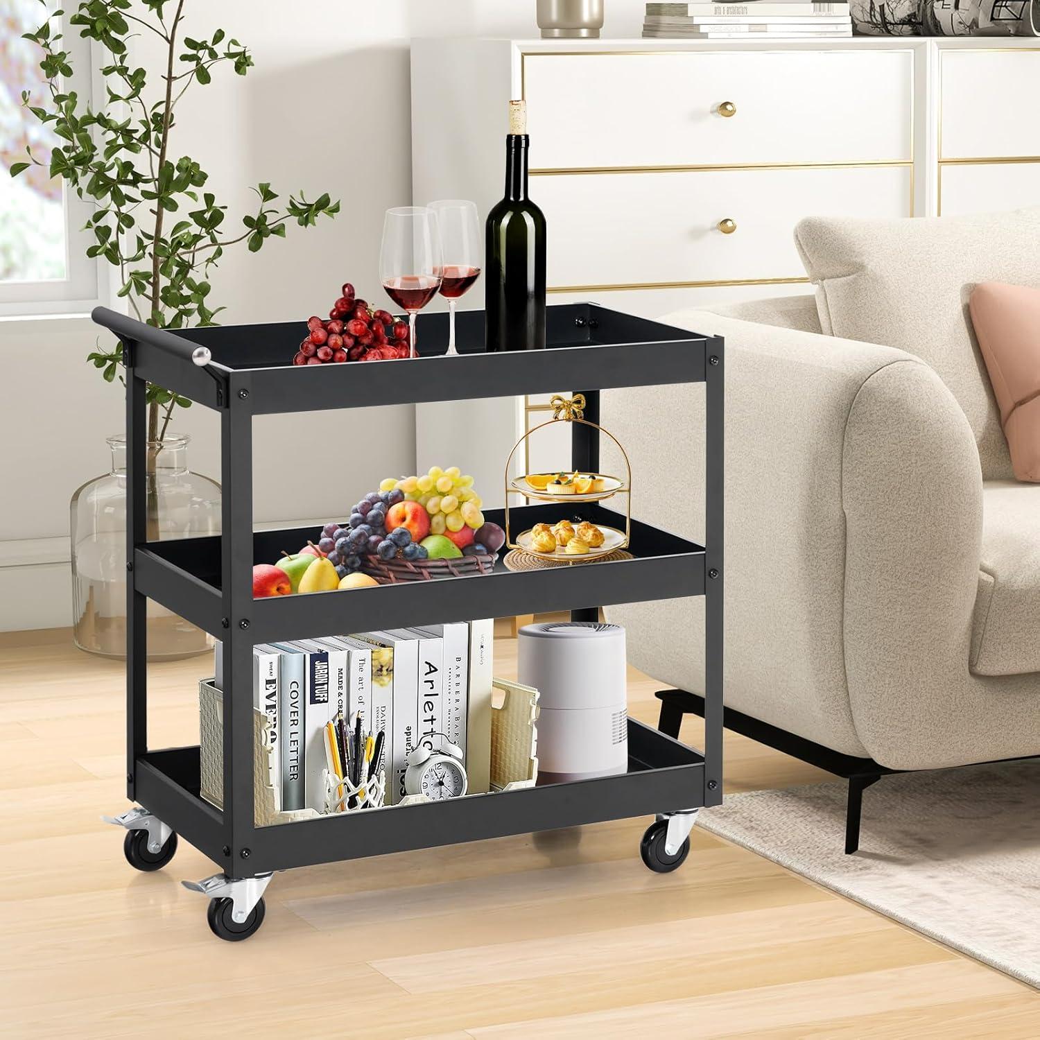 3-Tier Utility Cart, Heavy Duty Commercial Service Tool Cart w/Lockable Wheels, 330lbs Load Capacity, Ergonomic Handle, Rolling Mechanic Tool Cart Storage Organizer for Warehouse Garage Black