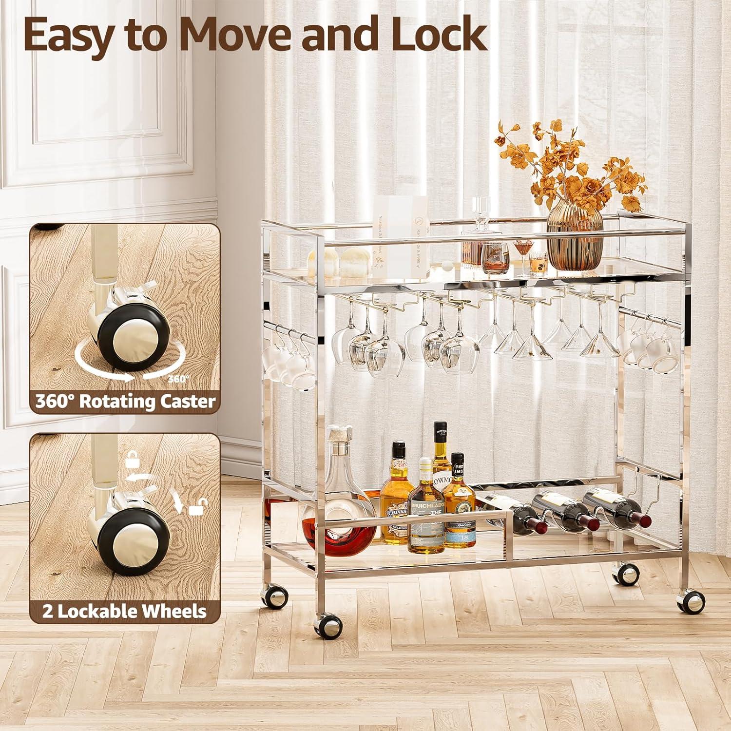 Bar Cart, Bar Serving Cart with Wheels, 2 Tier Bar Carts for The Home Kitchen Dining Room with Wine Rack and Glass Holder (Gold)