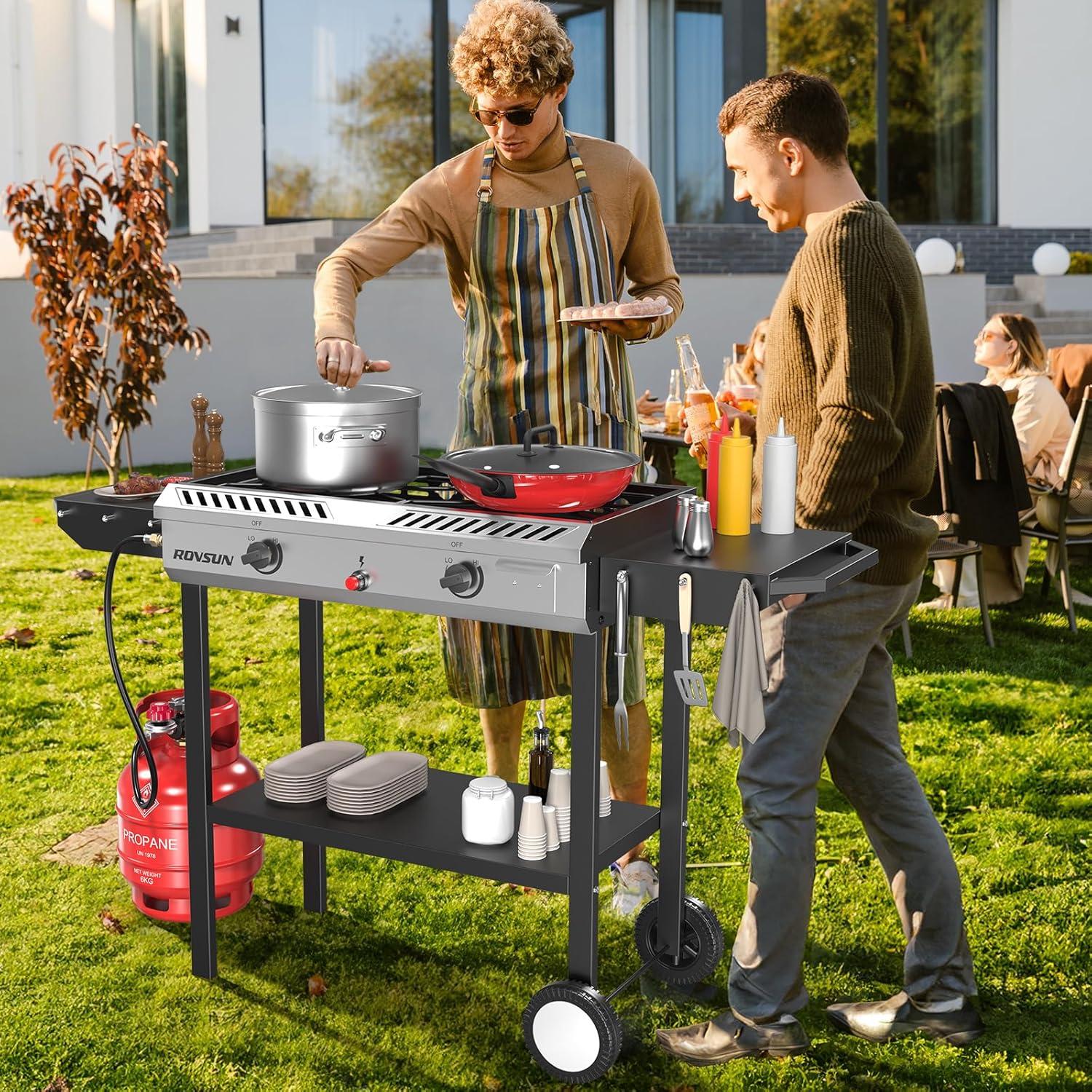 ROVSUN 2 Burner Outdoor Propane Gas Stove with Ignition, Regulator & Shelf, 150,000 BTU Powerful Cooker for Backyard Patio Cooking Home Canning Frying