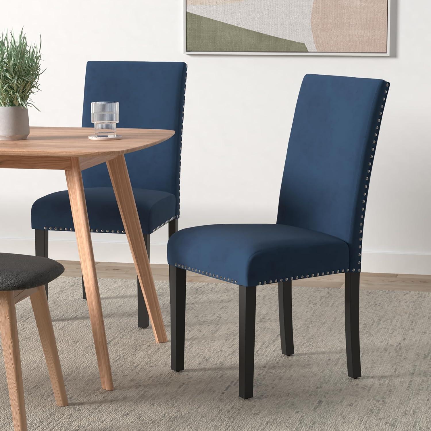 New Classic Furniture 37.75" Velvet & Wood Dining Chair in Blue (Set of 2)