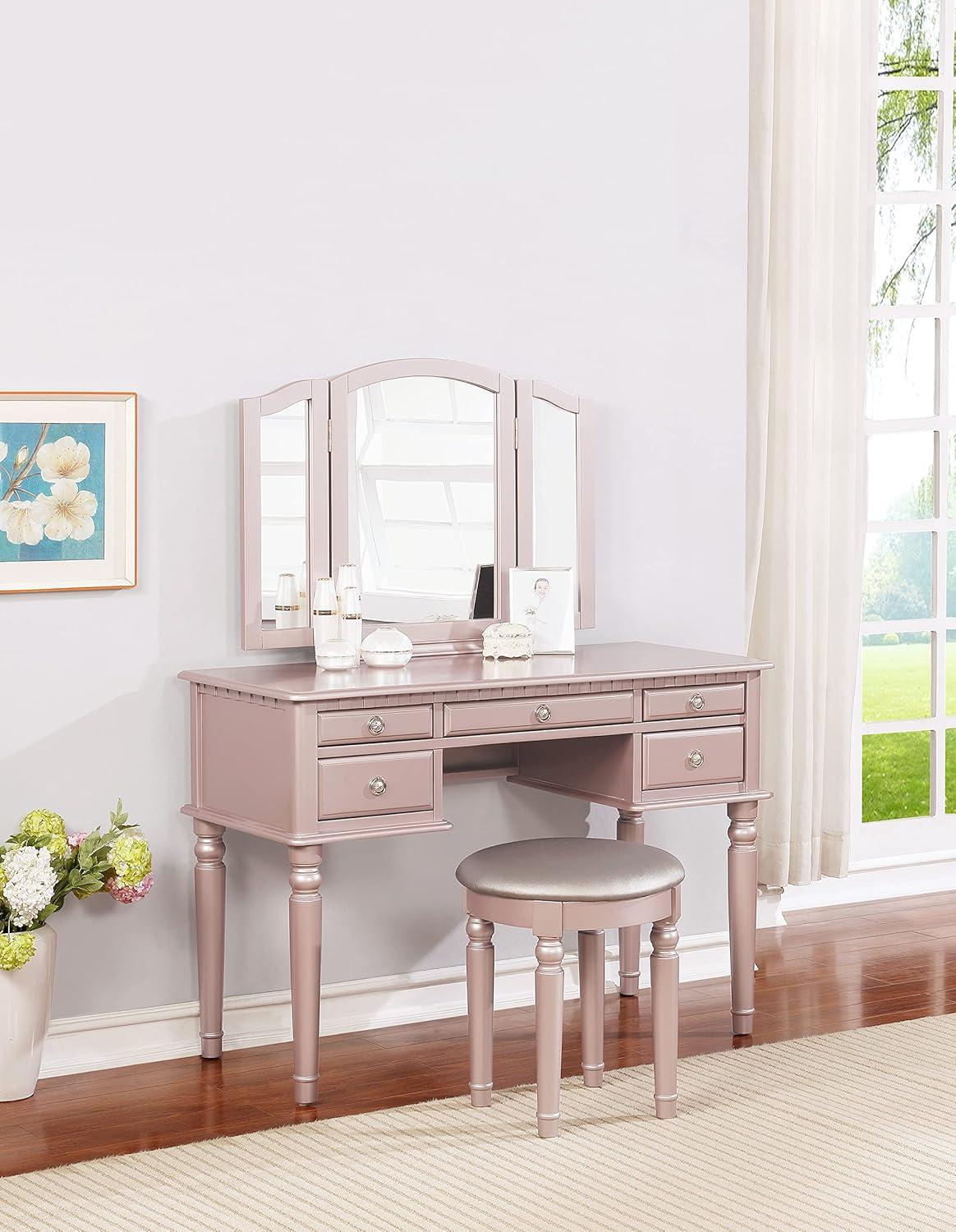 Elegant Rose Gold Vanity Set with Plush Stool and Foldable Mirror