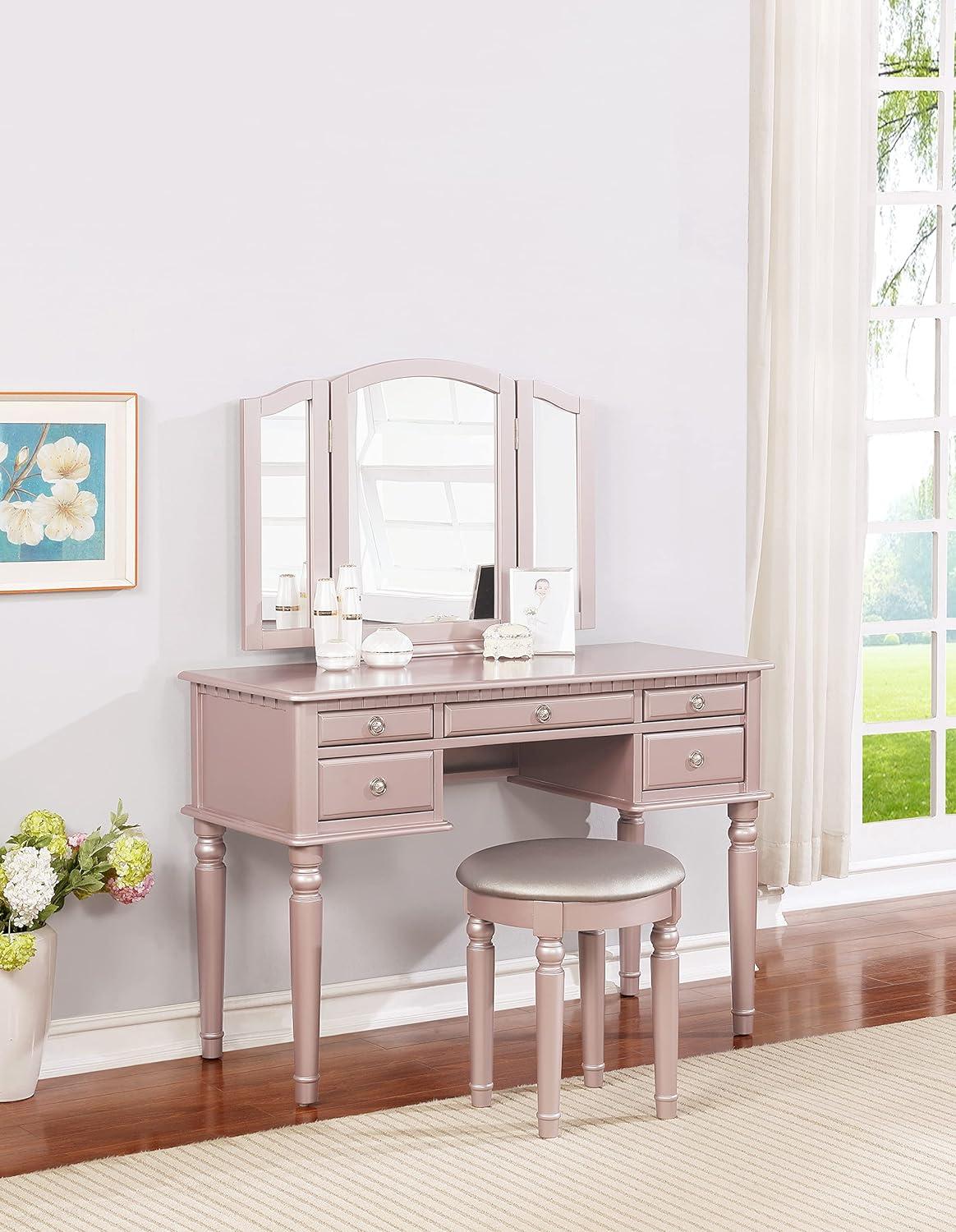 Elegant Rose Gold Vanity Set with Plush Stool and Foldable Mirror