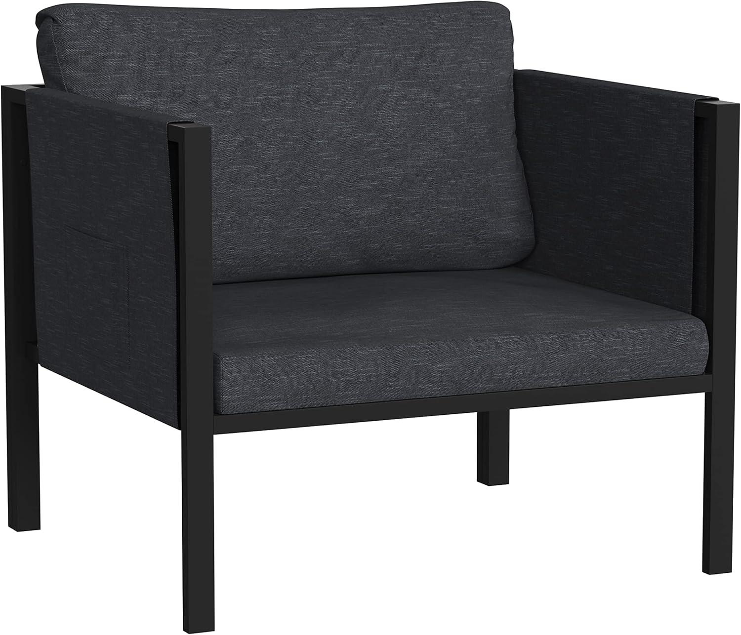 Flash Furniture Lea Indoor/Outdoor Patio Chair with Cushions - Modern Steel Framed Chair with Storage Pockets, Black with Charcoal Cushions