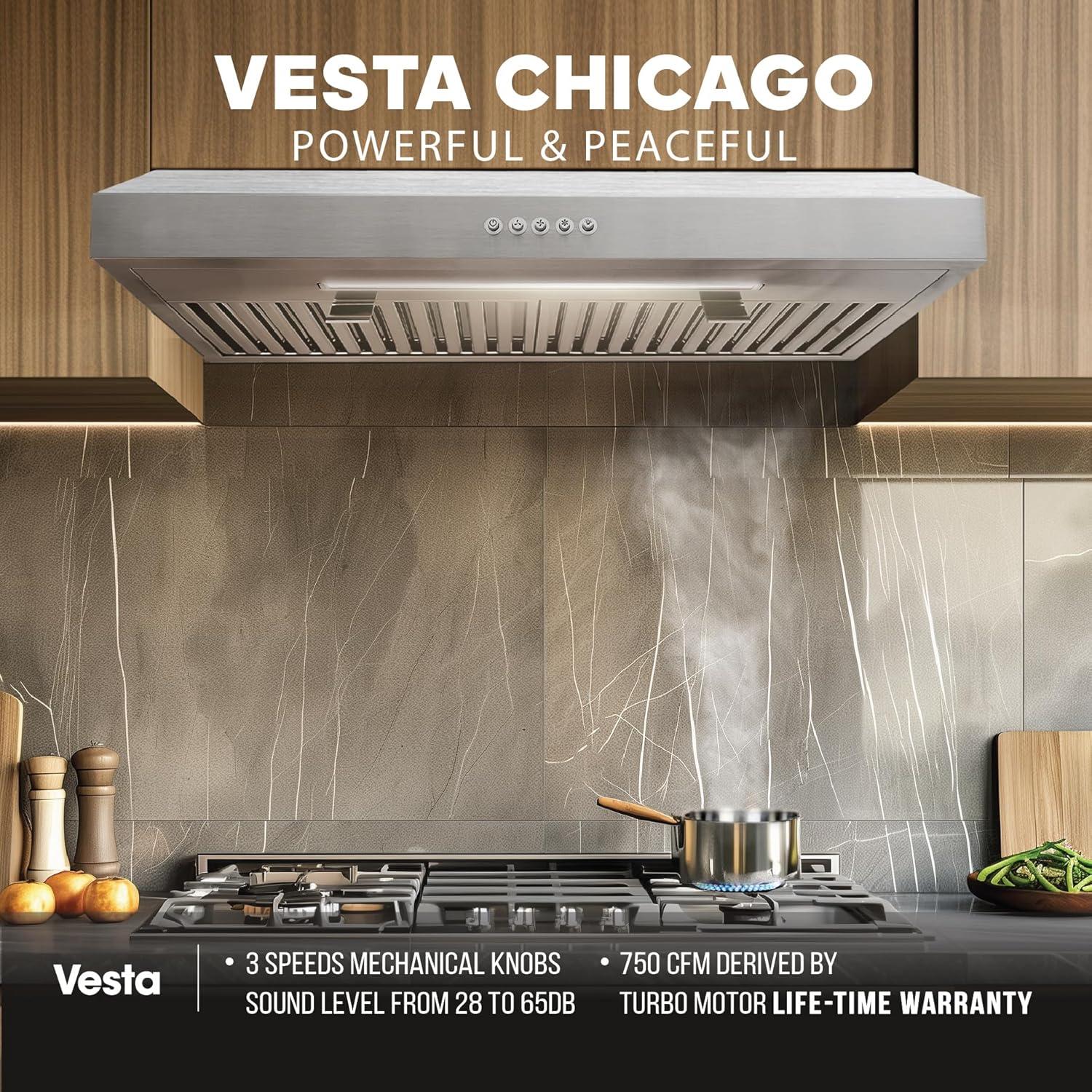 Vesta Charlotte 500cfm Under Cabinet Range Hood With 3 Levels Of Speed, Mechanical Buttons Control, Dishwasher Friendly Baffle Filters, Flexible Vent Connectors, Long LED Stripe