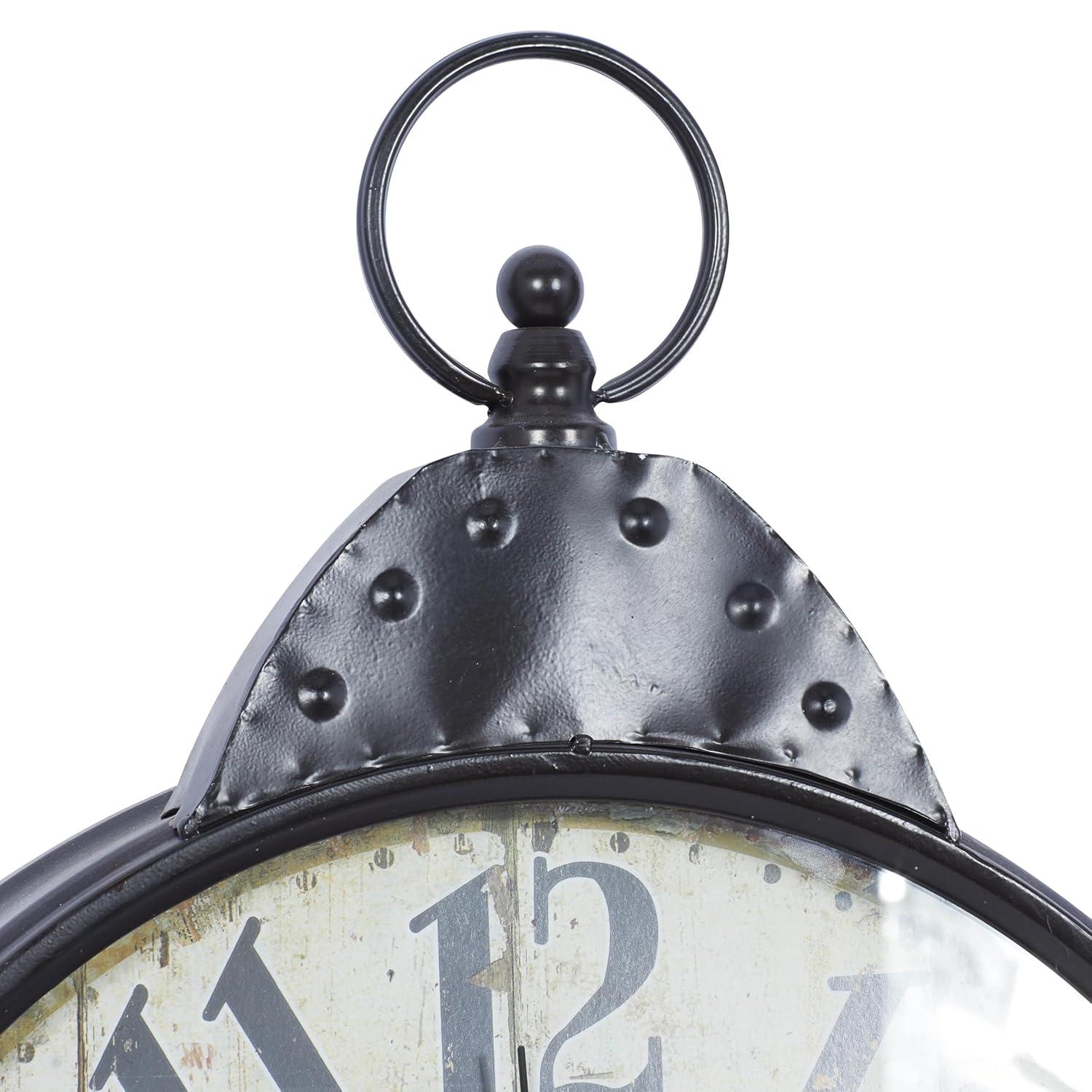 DecMode 20" Black Metal Finial Distressed Pocket Watch Inspired Wall Clock with Beige Clockface