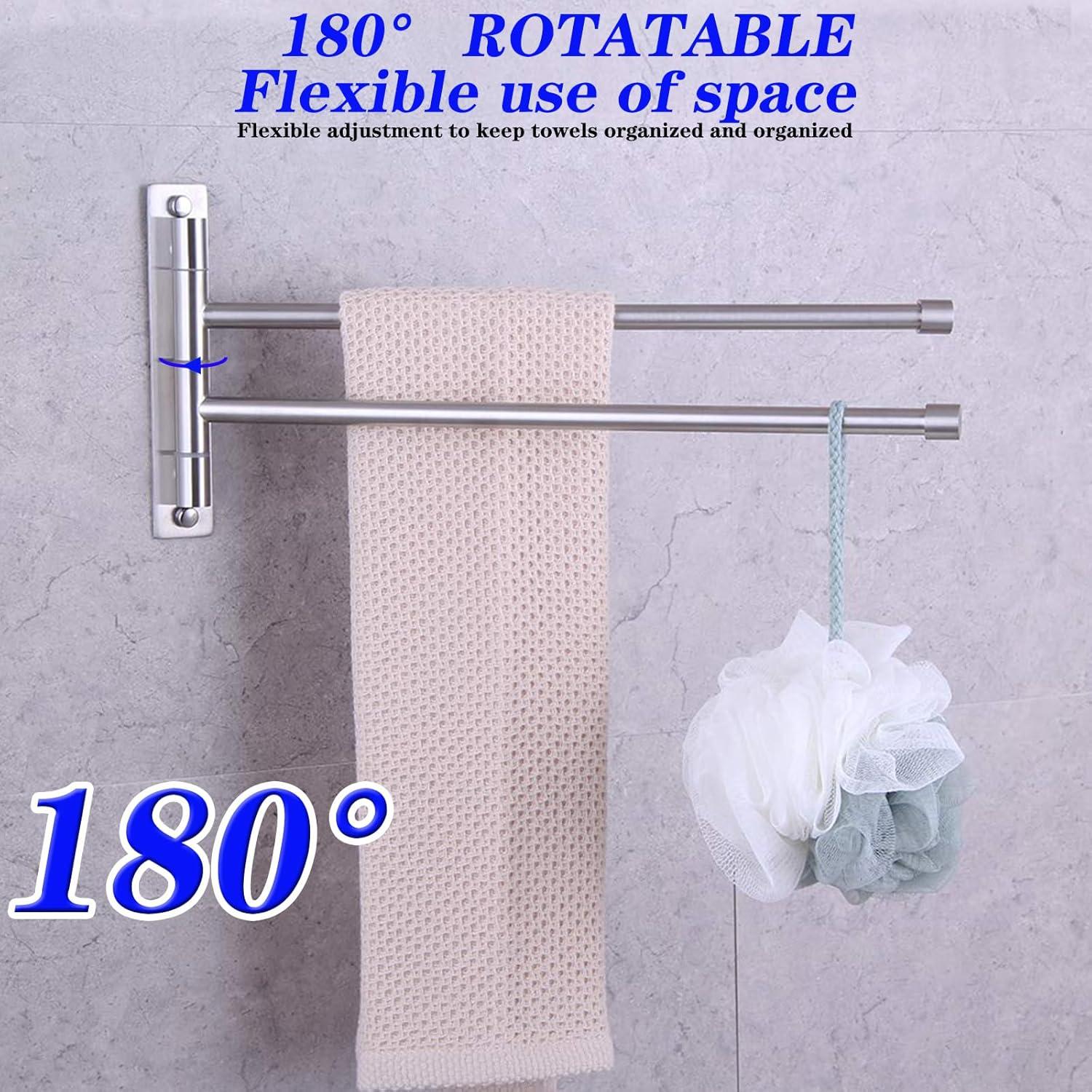 Stainless Steel Swing Out Towel Bar 2-Bar Folding Arm Swivel Hanger Bathroom Storage Organizer Rustproof Wall Mount Brushed Finish