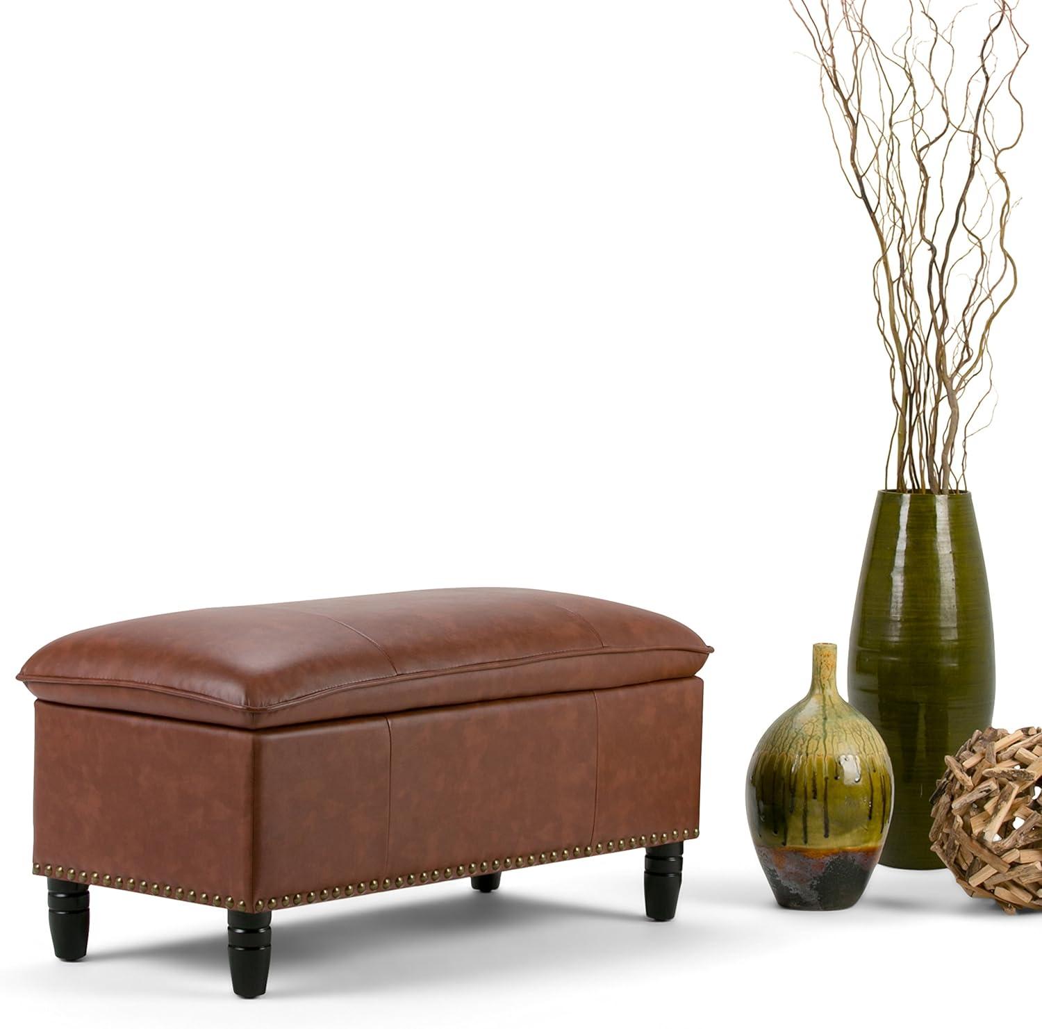 Emily 39 inch Wide Transitional Rectangle Storage Ottoman in Cognac Faux Leather