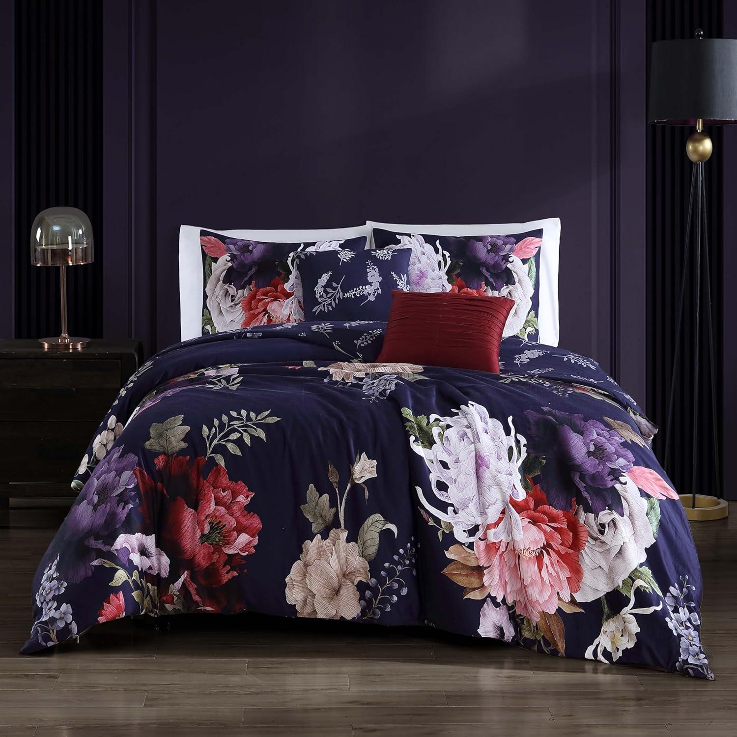 Queen Purple Floral Cotton Reversible Comforter Set