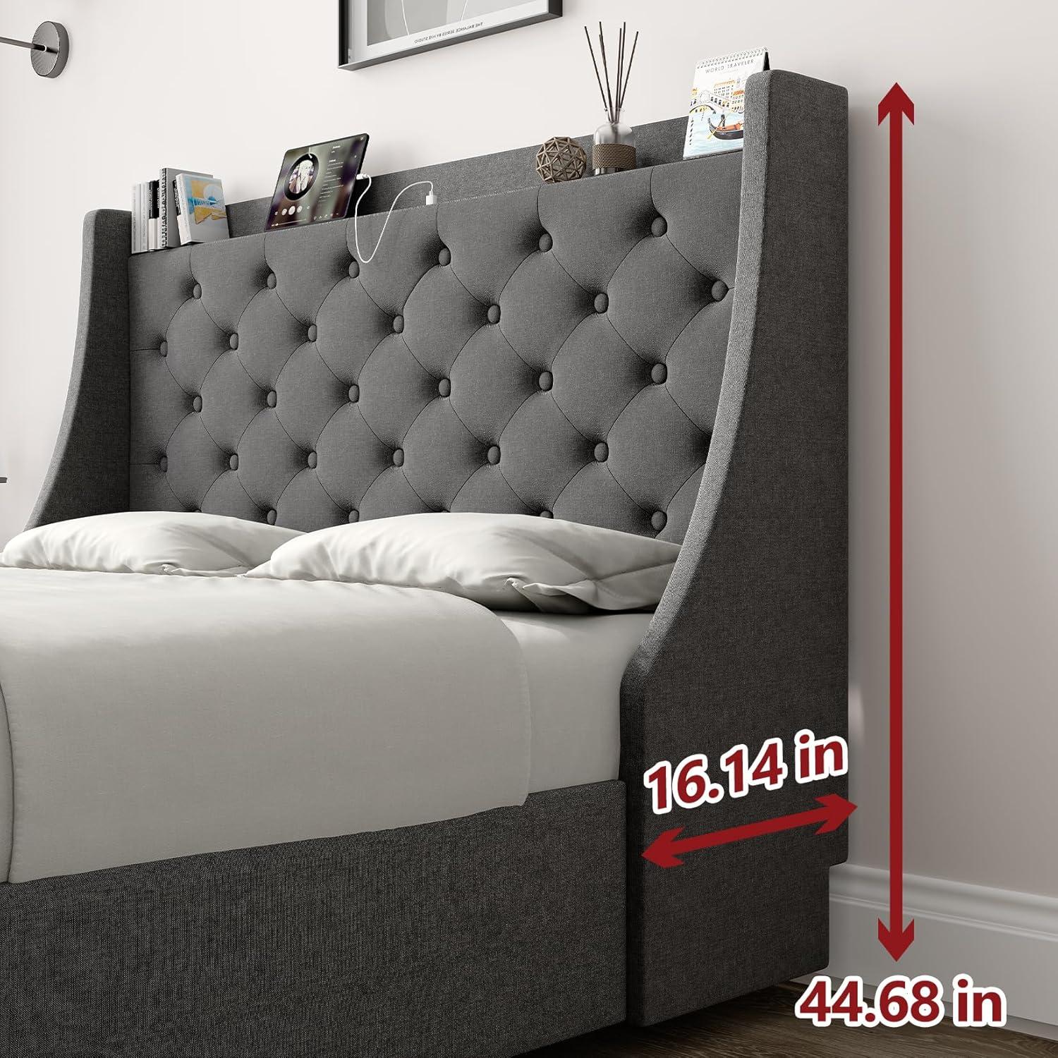Huloretions Queen Bed Frame With Charging Station,Platform Bed With 4 Storage Drawers,Upholstered Wingback Headboard And Storage Shelf,No Box Spring Needed Easy Assembly