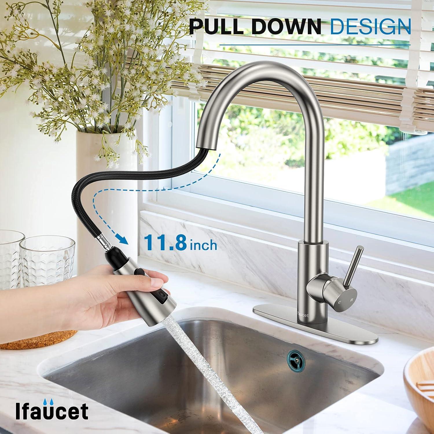 Single Handle High Arc Brushed Nickel Pull Out Kitchen Faucet, Pull Down Sprayer